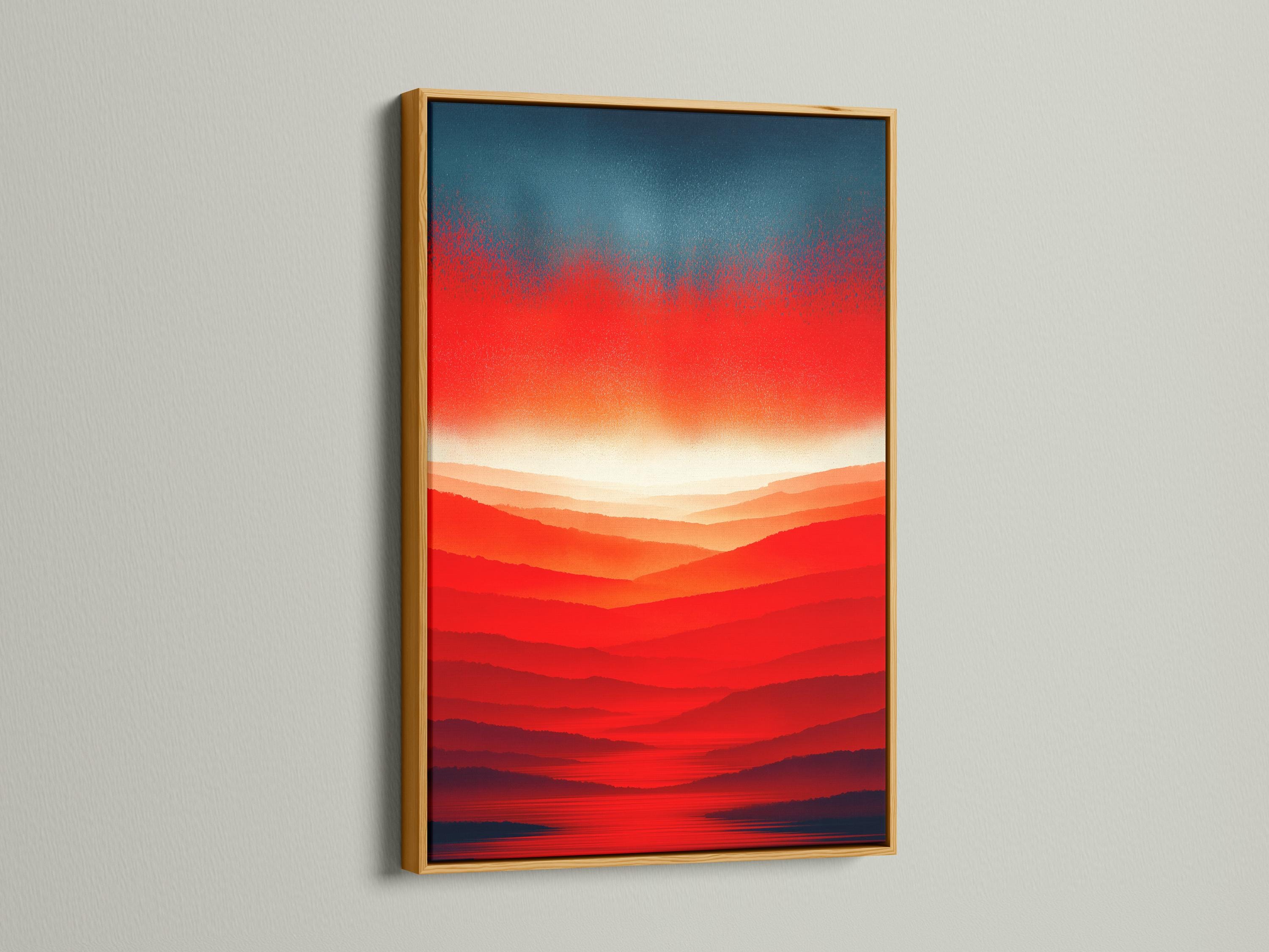 Room mockup showing a red orange sunset mountain landscape artwork on a wall