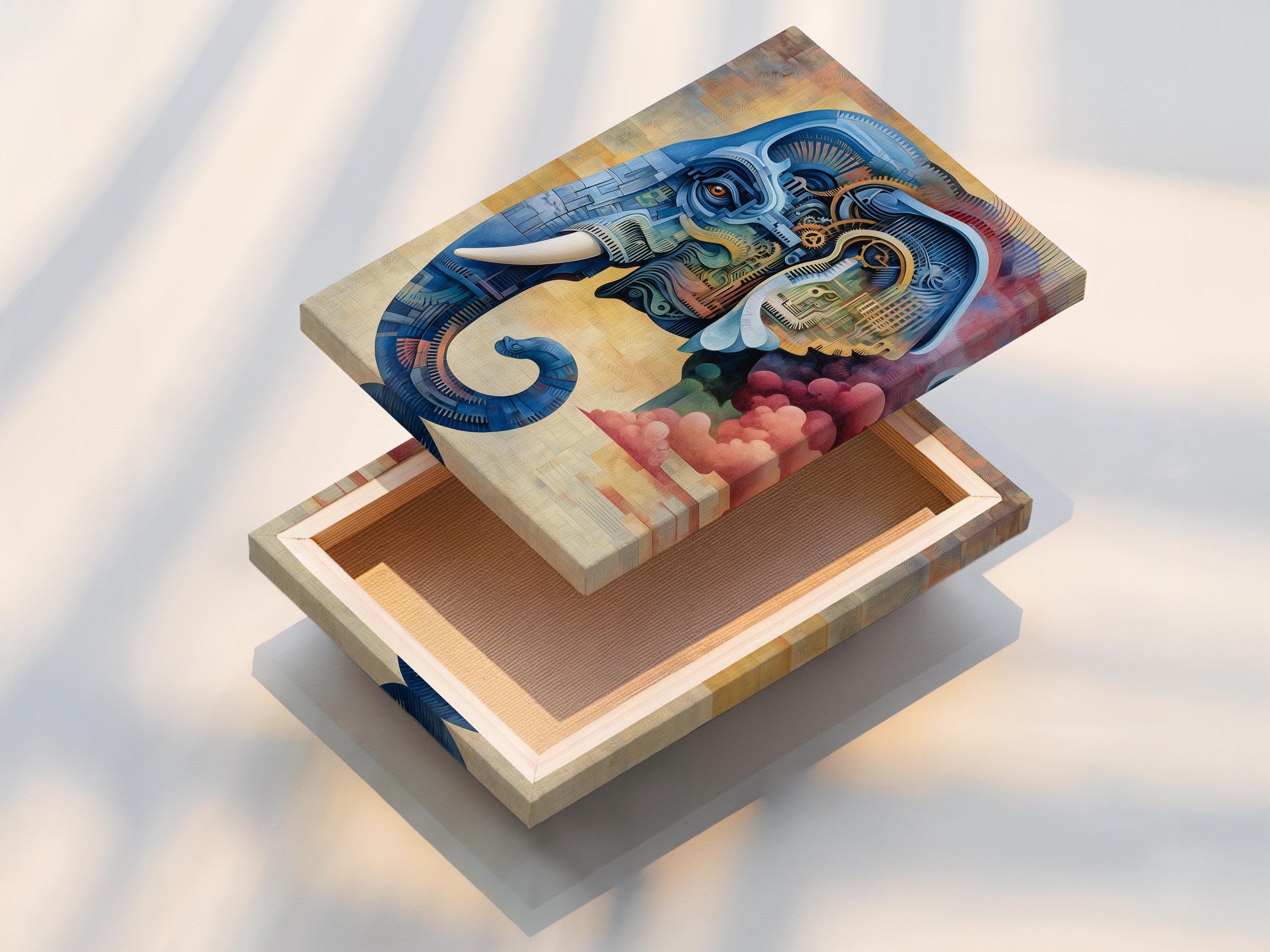 Steampunk-style elephant illustration in blue with gold gear details detail view