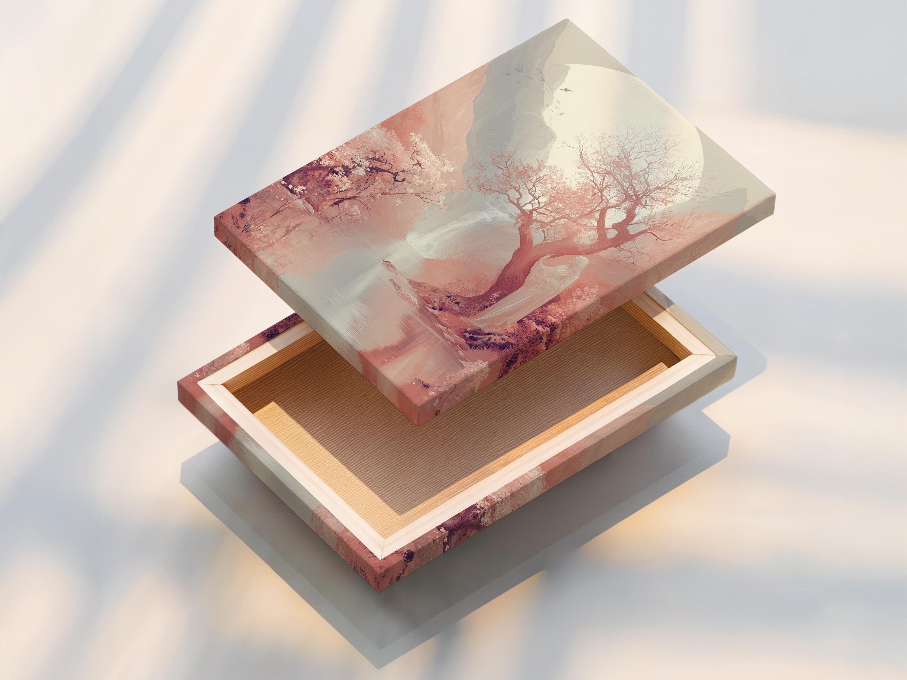 Framed moonlit landscape artwork with a blossom tree, misty mountains and reflective water detail view