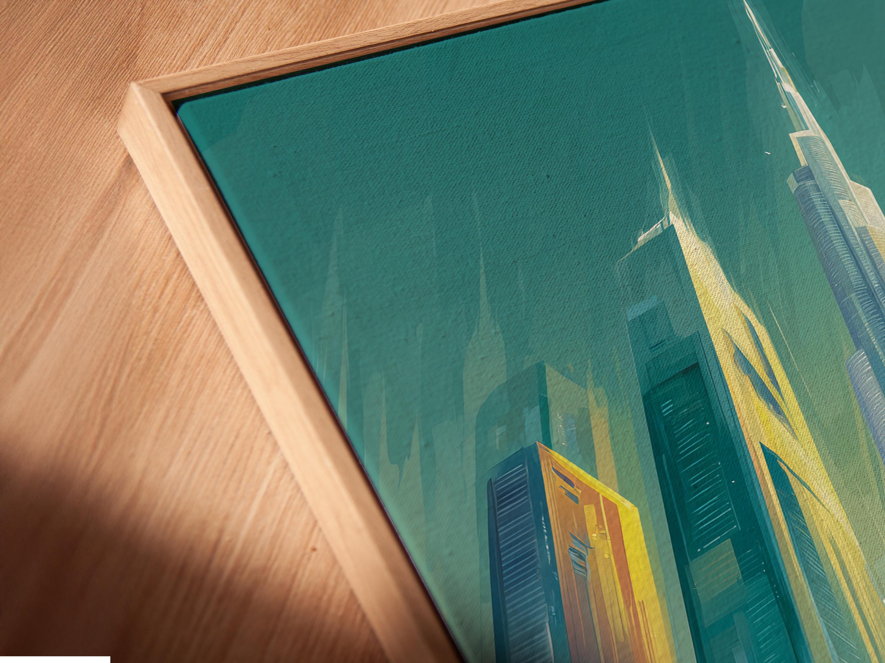 Teal and yellow marathon city scene with runners running between skyscrapers detail view