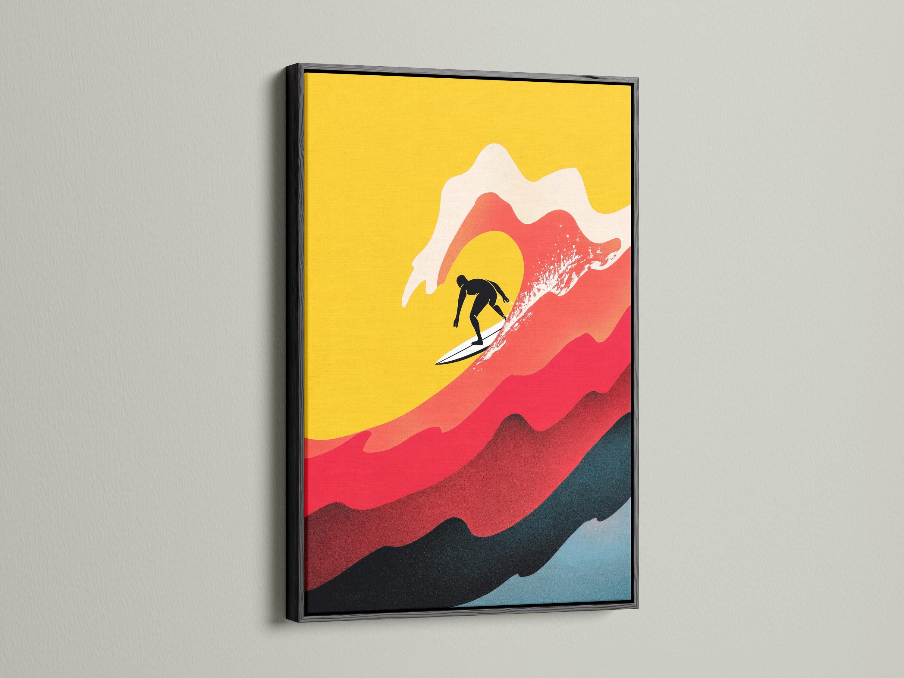 Stylised surfer silhouette on a white surfboard riding red and off-white waves over a yellow background detail view