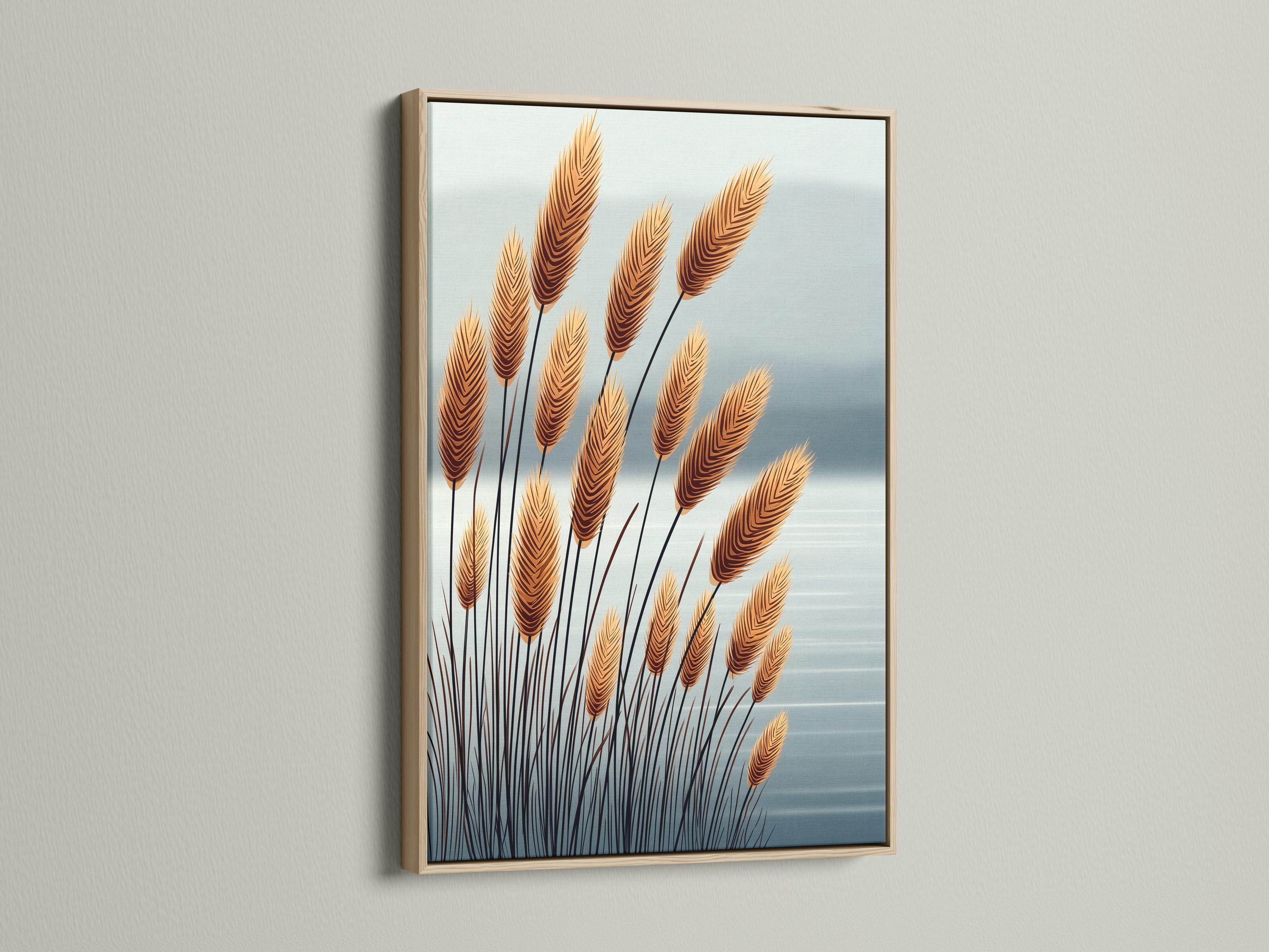 A decorative scene of tall golden wheat plumes with dark stems rises against a pale blue sky-like background with soft horizon shading detail view