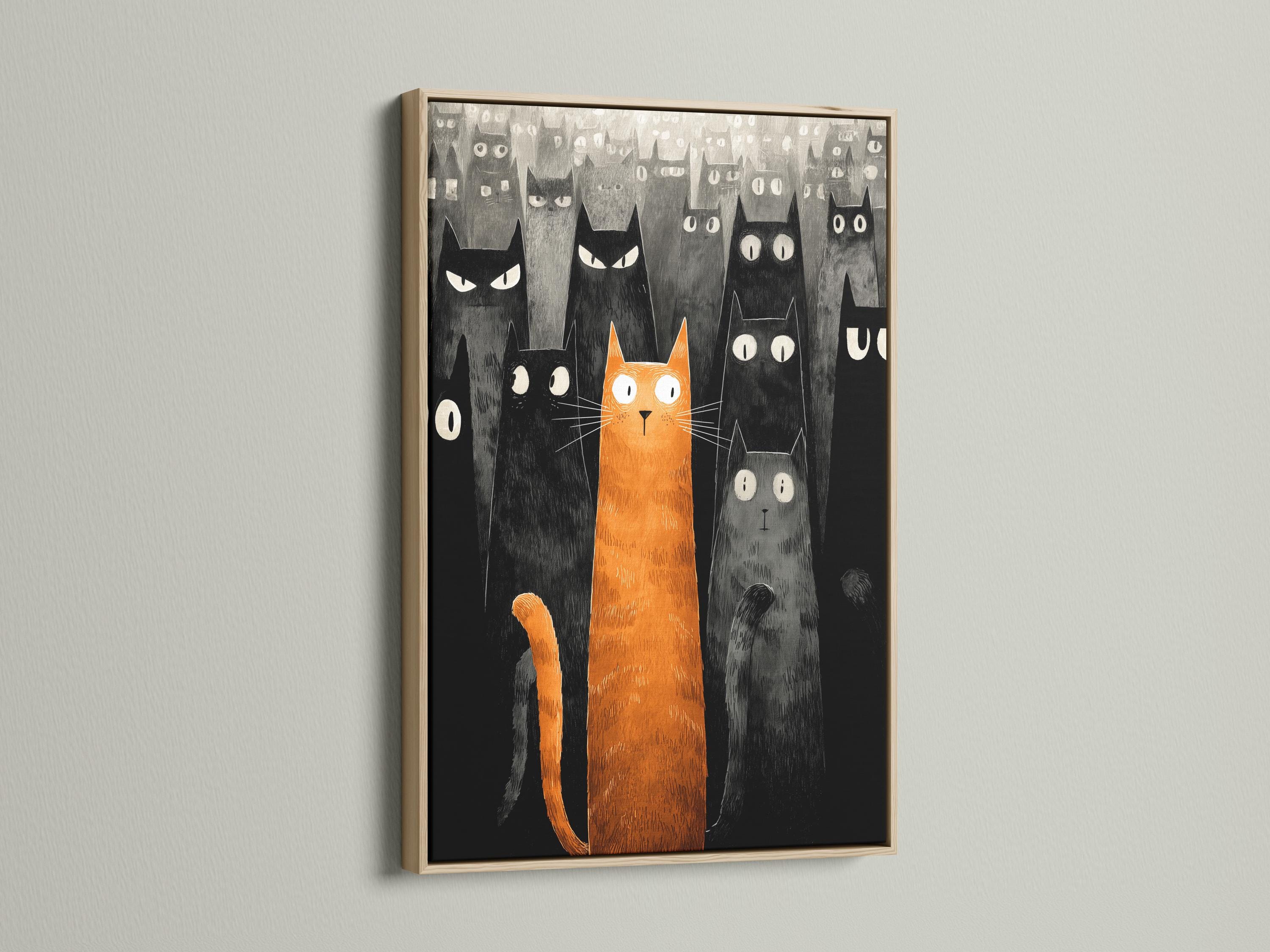 Orange cat and multiple black and grey cats in a textured illustration style detail view