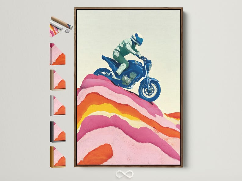 Stylised blue motorcycle rider over layered pink and orange mountains on a pale background