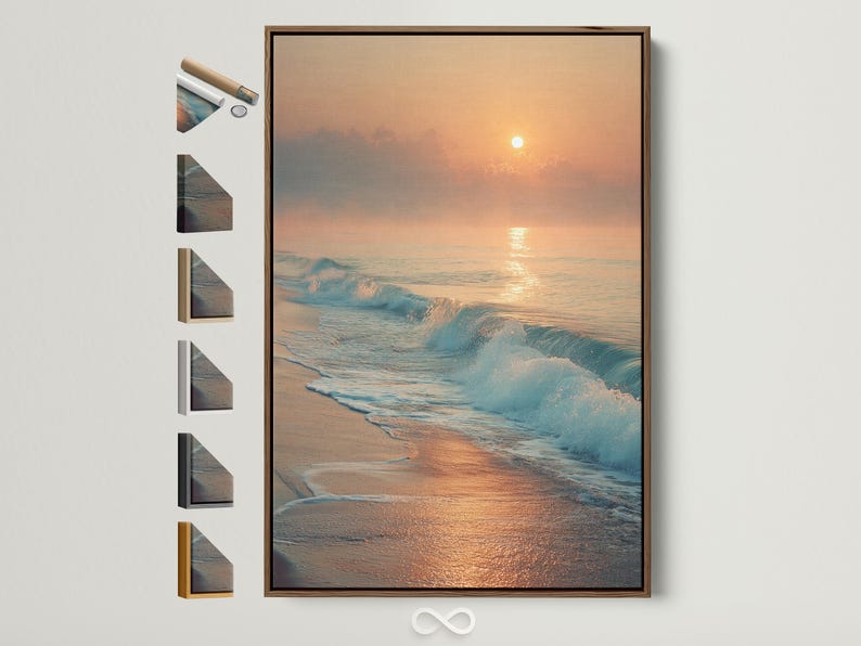 A sunrise seascape shows a glowing sun above layered clouds, with ocean waves rolling onto a sandy shore and reflecting warm light
