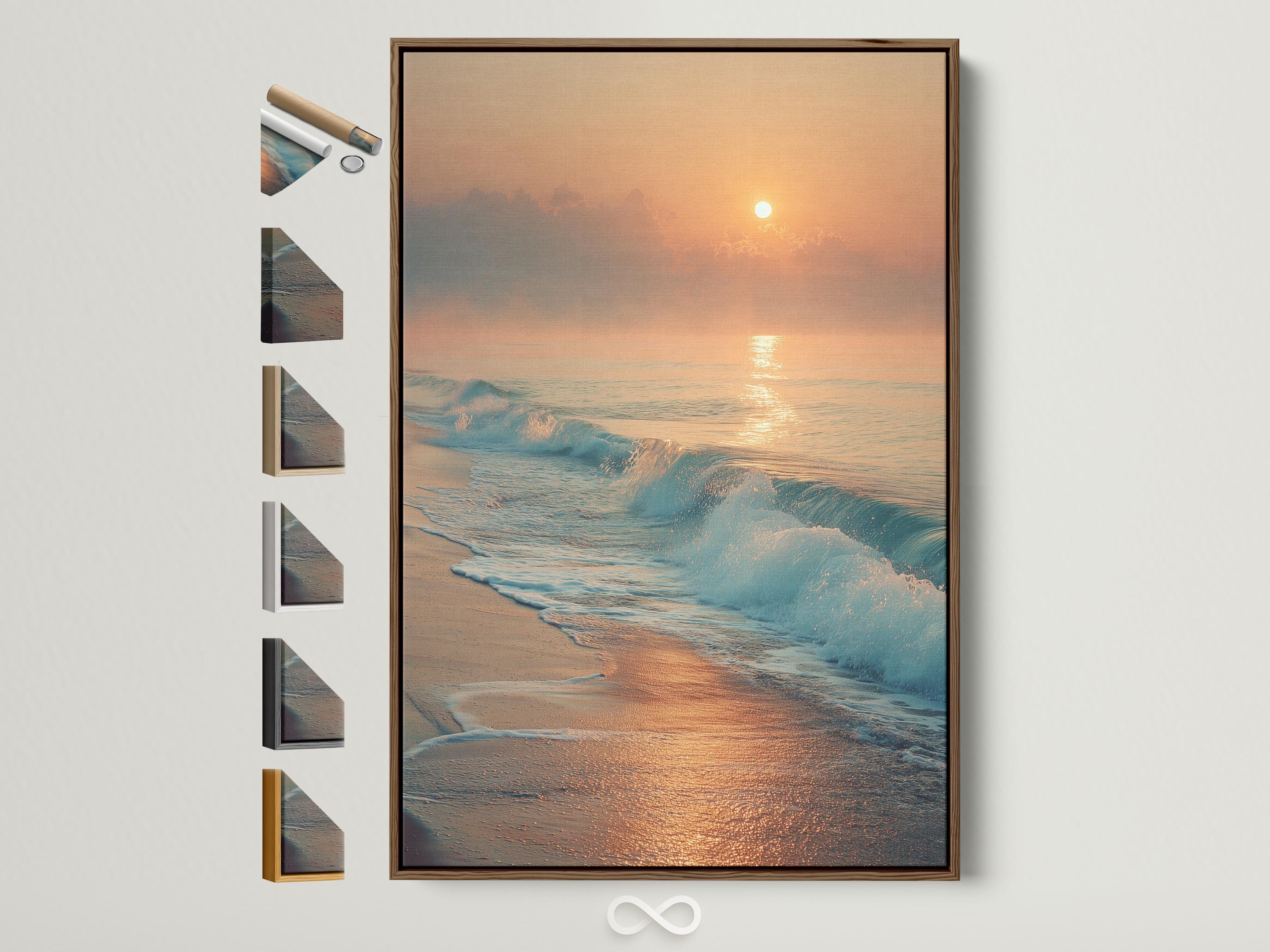 A sunrise seascape shows a glowing sun above layered clouds, with ocean waves rolling onto a sandy shore and reflecting warm light