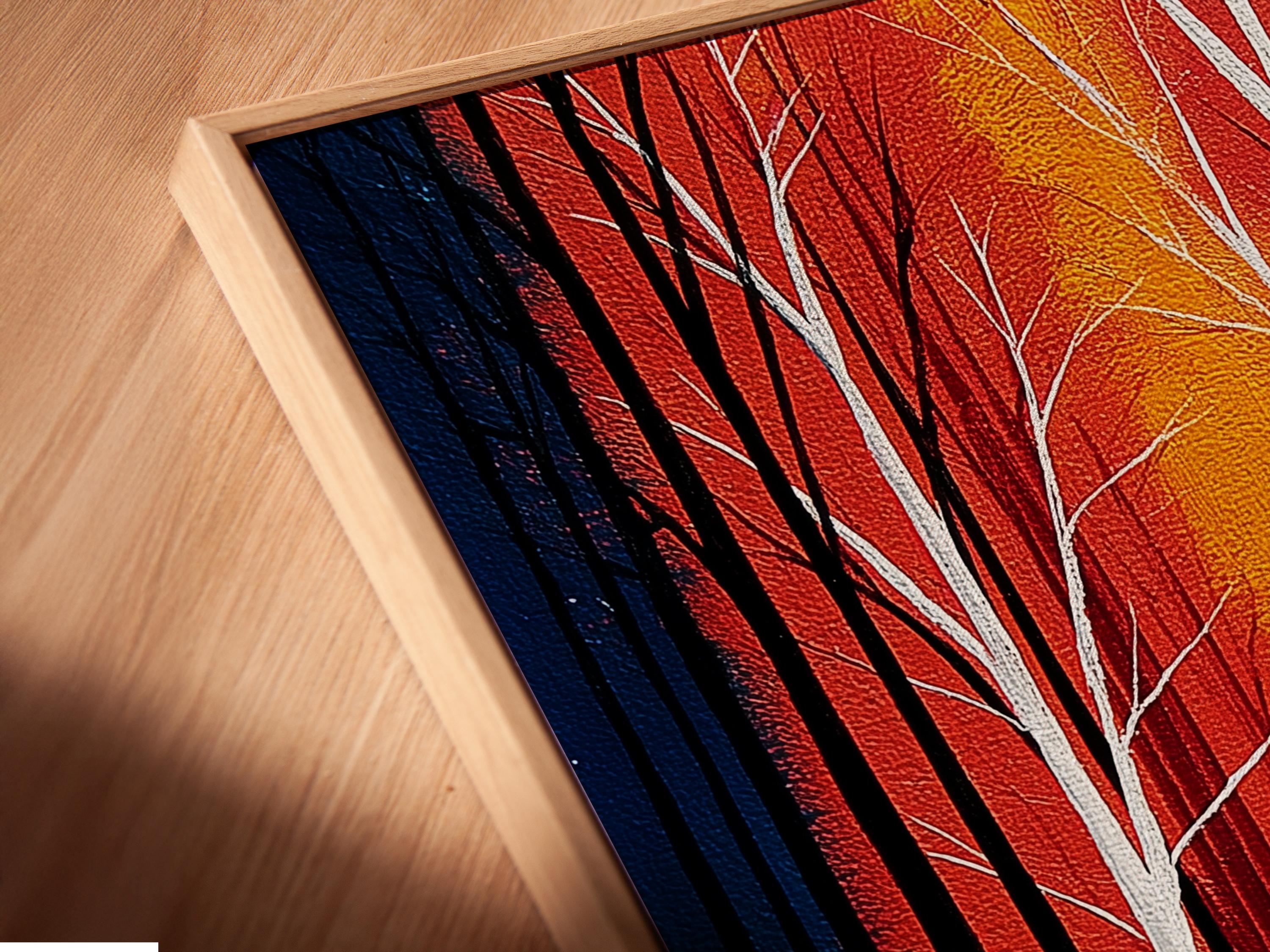 Winter forest artwork with tall leafless trees, a snowy path, and red blue gold sunset colours detail view