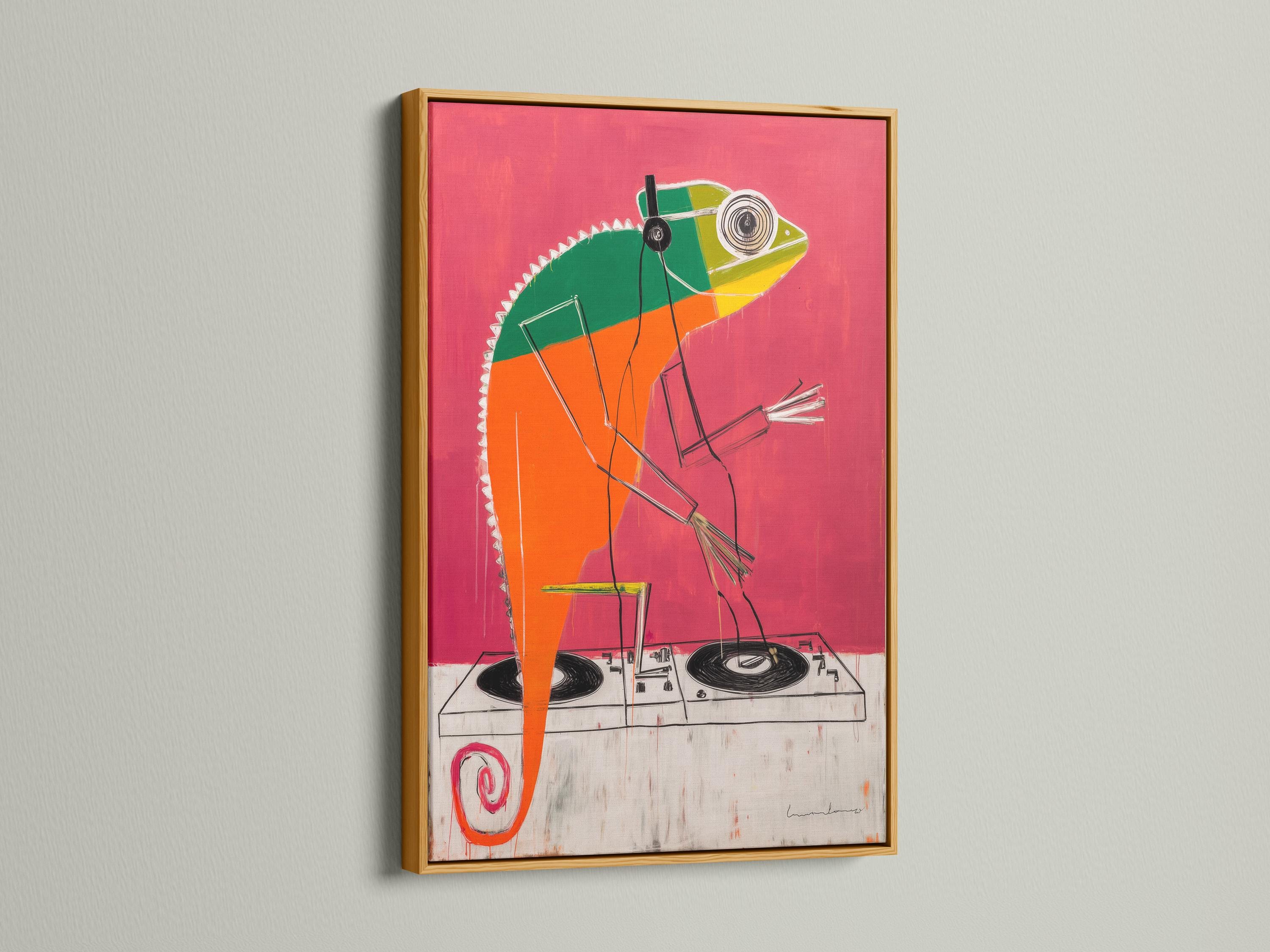 Coral pink pop-art animal wearing headphones over a DJ mixing deck with turntables detail view