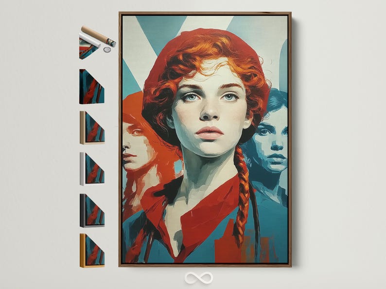 Retro pop-art portrait of a red-haired woman with teal and orange colour blocks