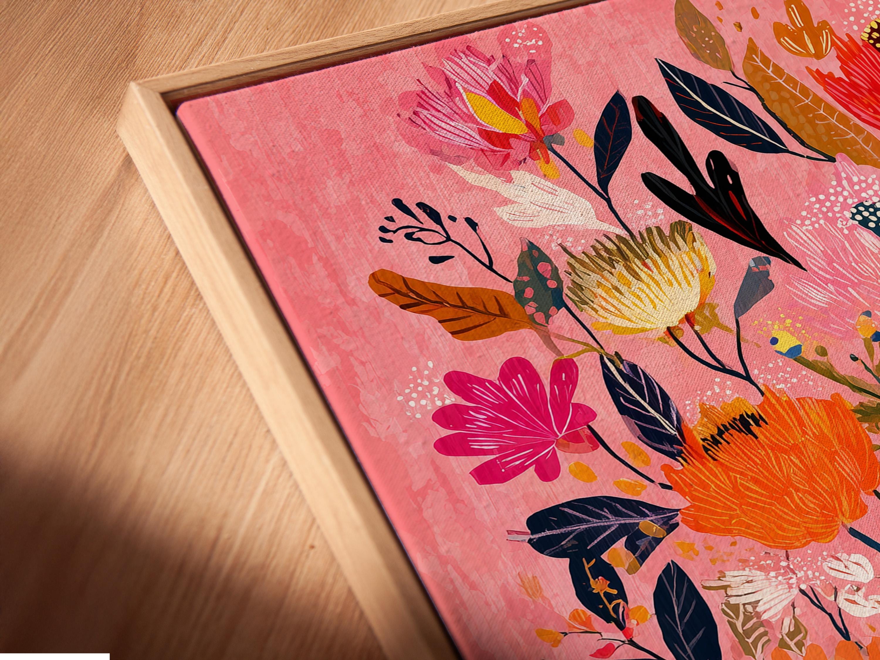 Room mockup showing a framed floral bouquet artwork on a wall