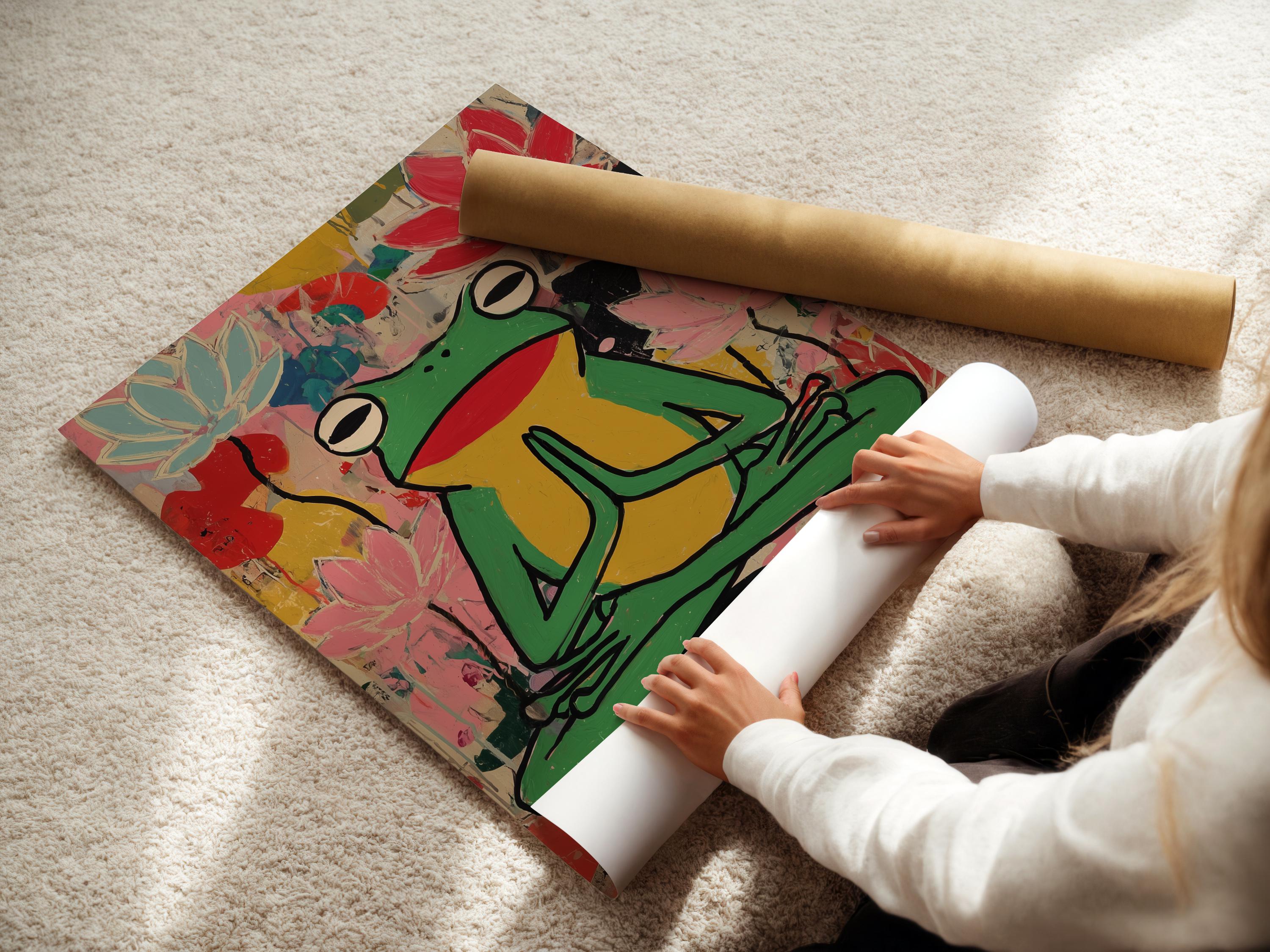 Stylised green frog meditating with pink lotus flowers in a colourful collage background detail view