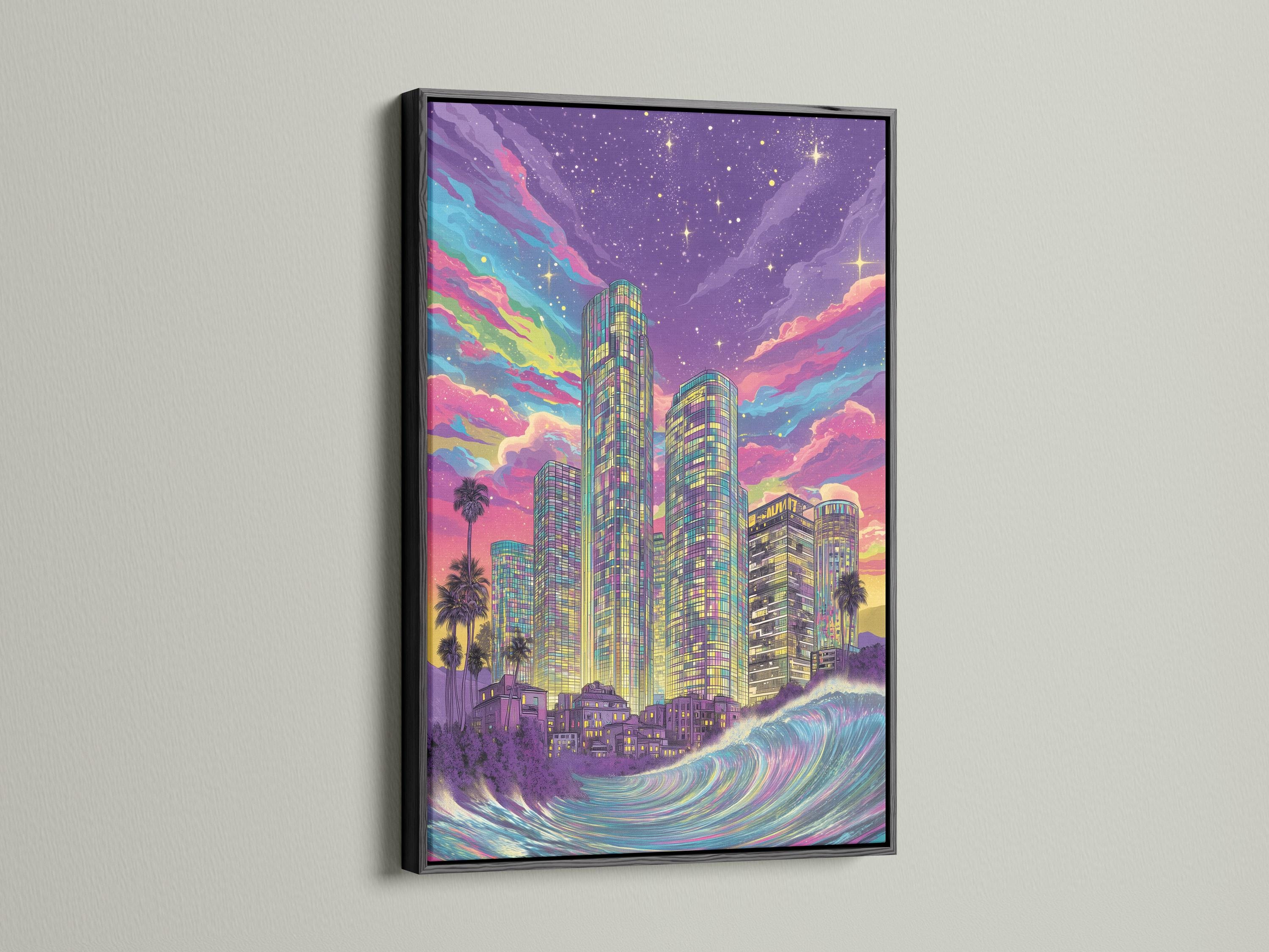 Retro neon city skyline with tall skyscrapers, ocean waves, starry purple sky and palm silhouettes detail view