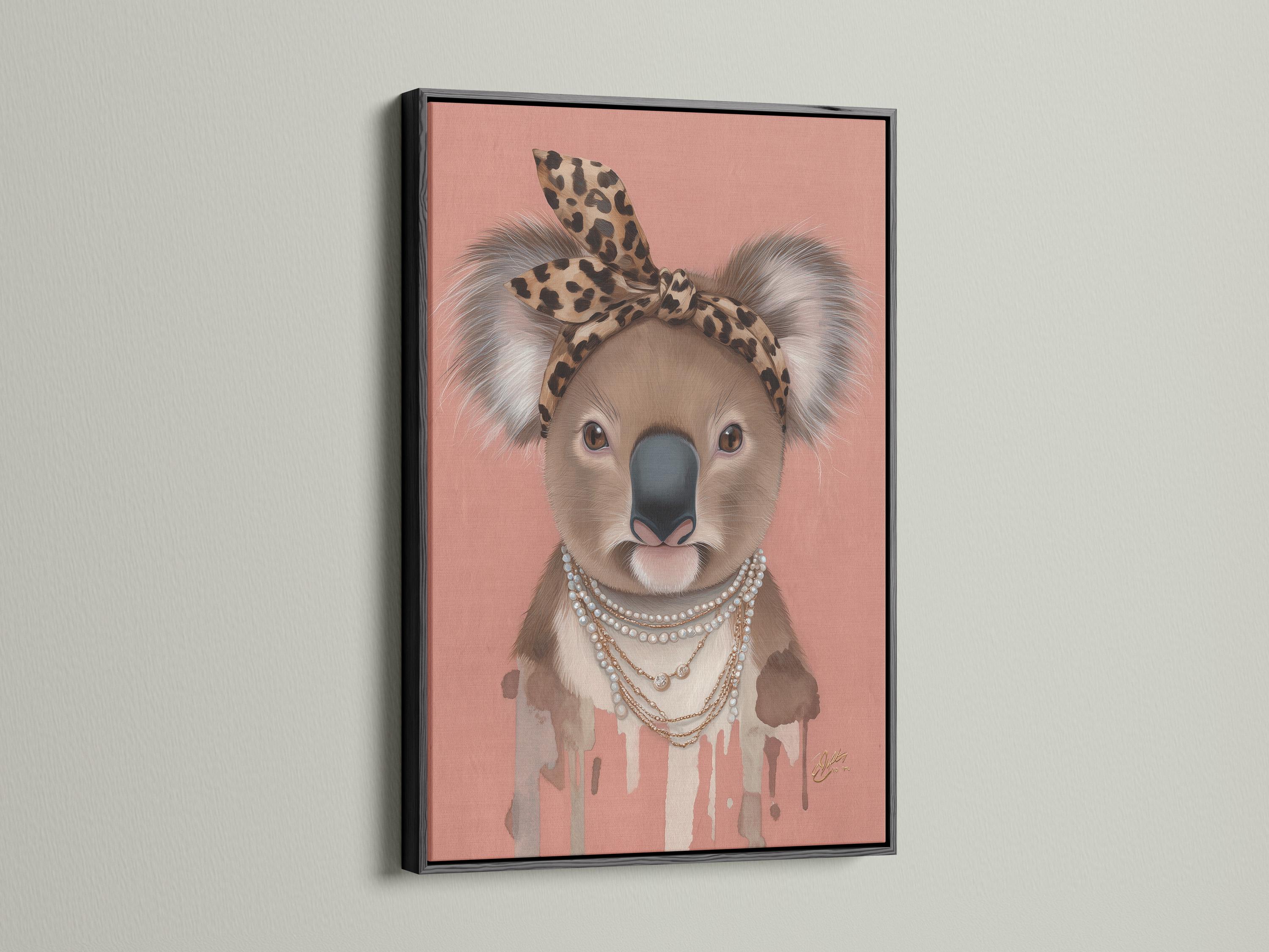 Koala portrait with leopard headband and pearl necklace on a dusty pink background detail view