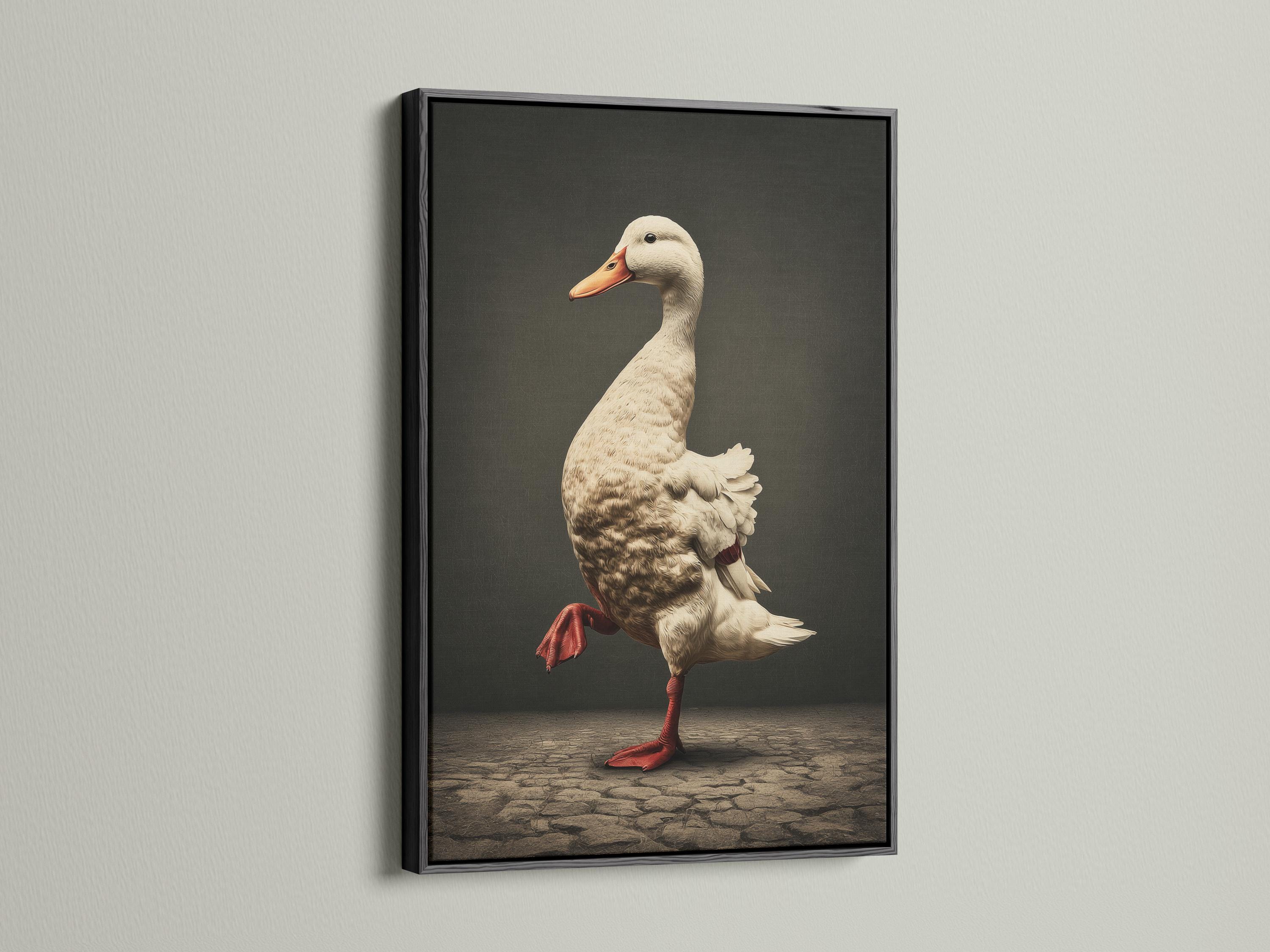 Vintage duck illustration in cream and rust red-orange standing on cobblestone-like ground against a dark background detail view