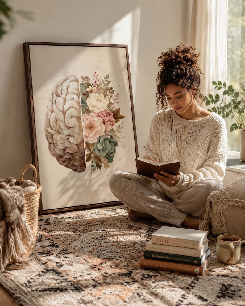 Split illustration of an anatomical brain and a floral bouquet in beige, cream, sage green and blush tones