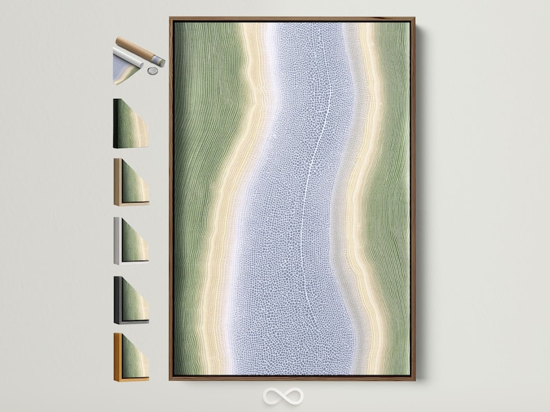 Abstract river-like artwork with sage-green contours and a speckled muted-blue textured centre