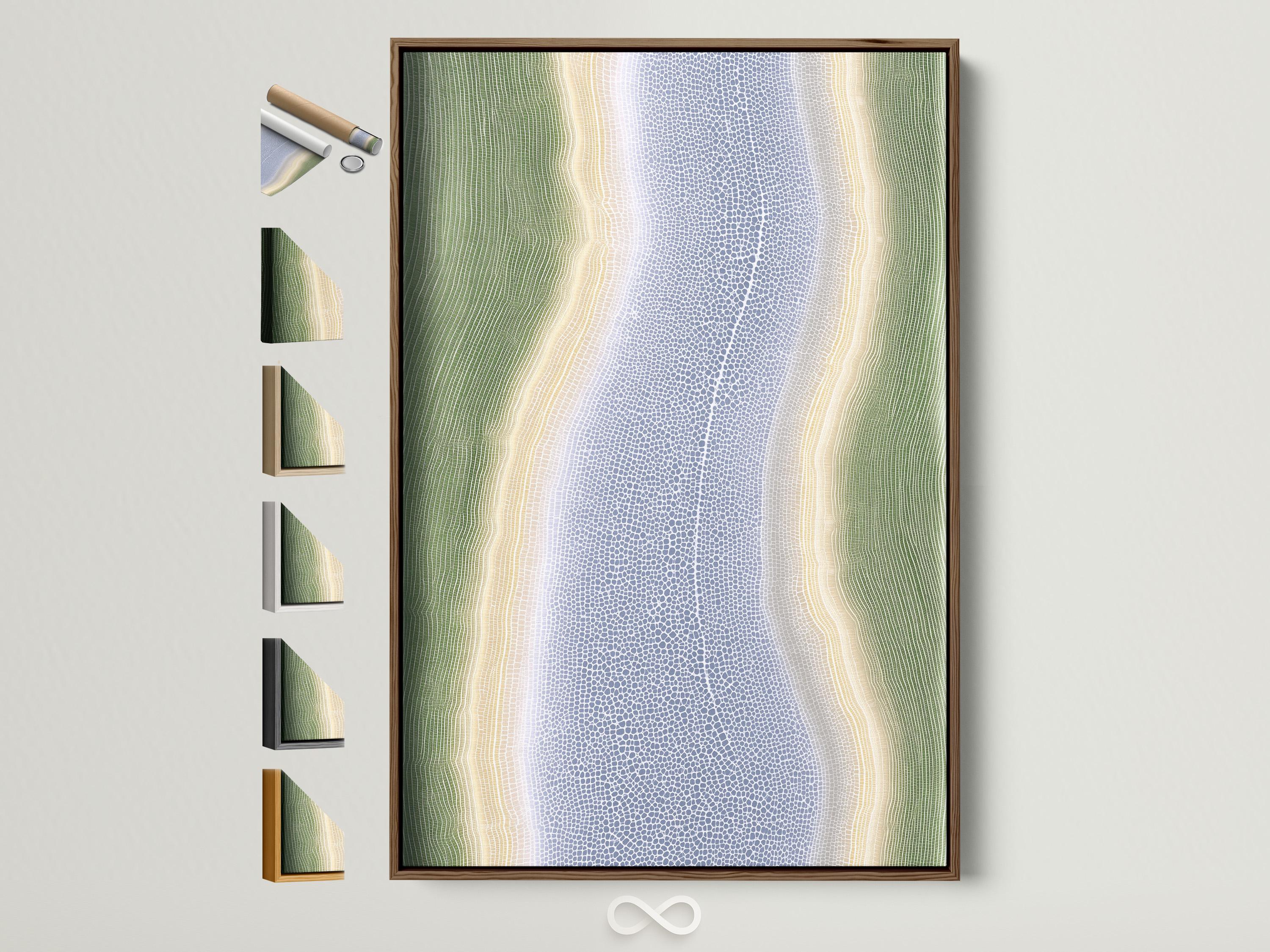 Abstract river-like artwork with sage-green contours and a speckled muted-blue textured centre