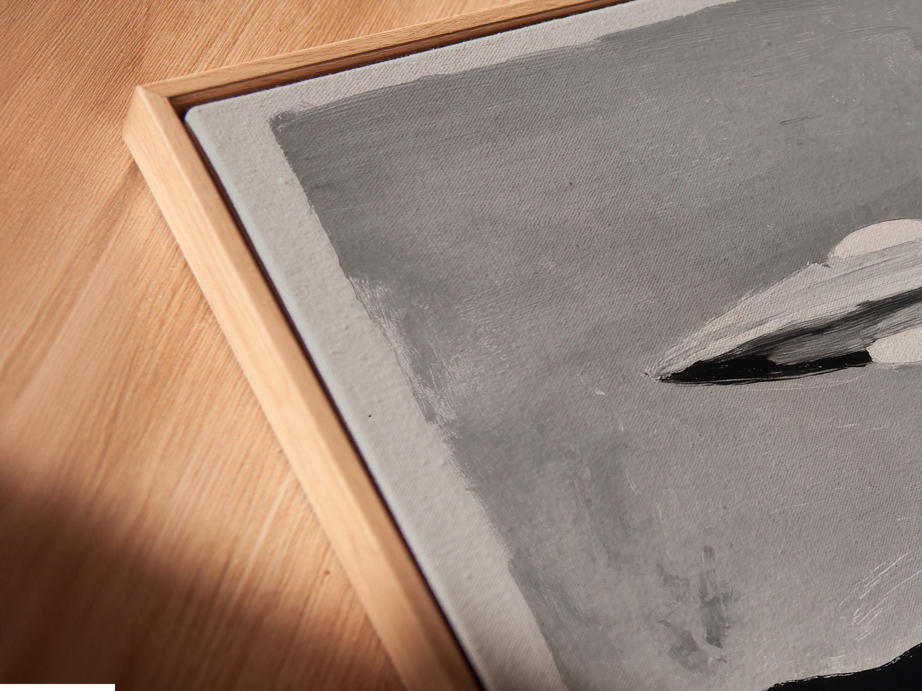 Monochrome painting of a UFO hovering above a dark mountain landscape detail view