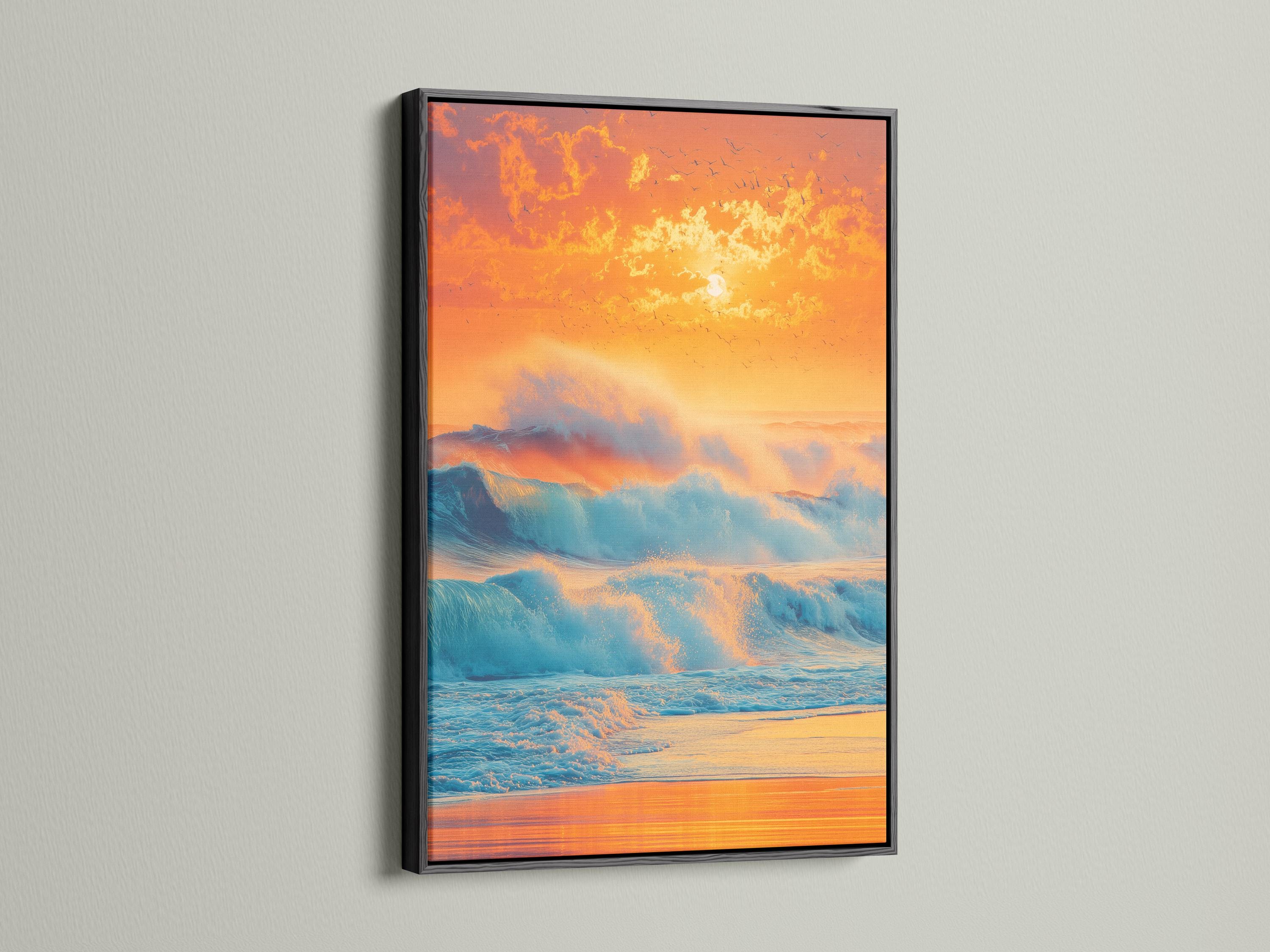 Sunset seascape with teal ocean waves, orange and gold sky, sun glow, and bird silhouettes detail view