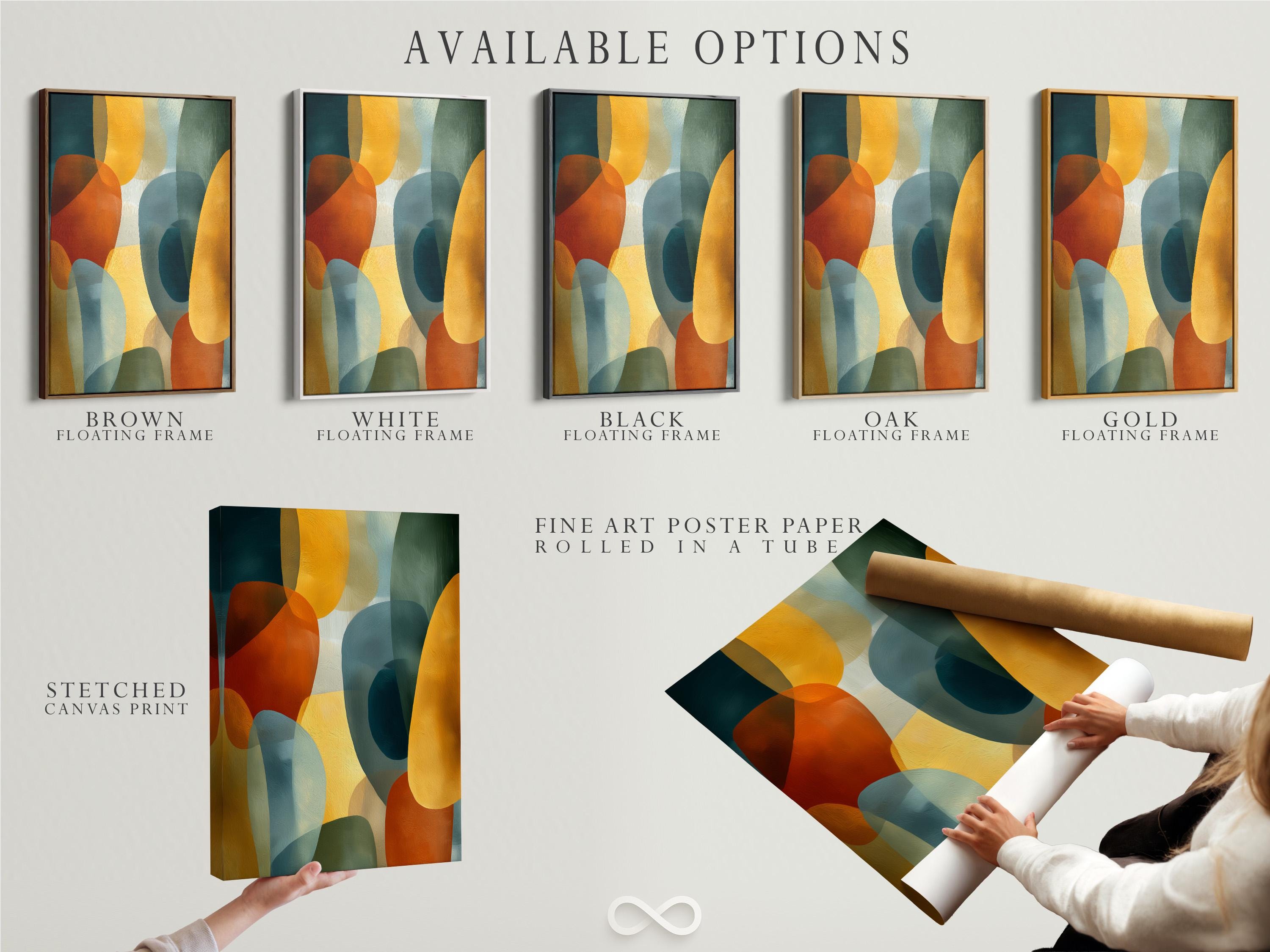 Room mockup showing a framed abstract geometric artwork with teal and mustard shapes