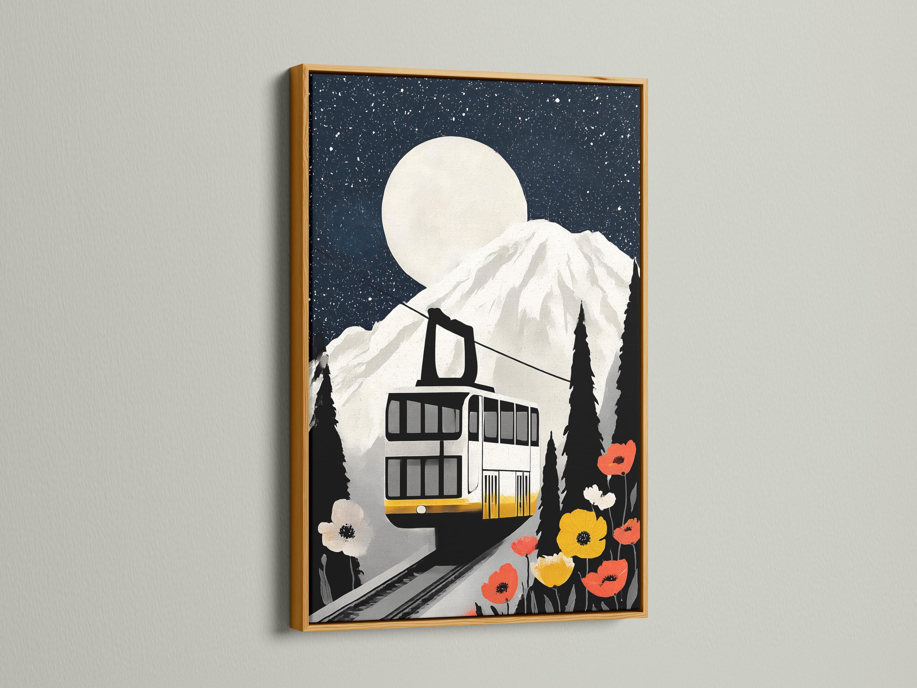A stylised train cabin sits on mountain tracks beneath a large moon, with dark fir trees and bright red and yellow poppies detail view