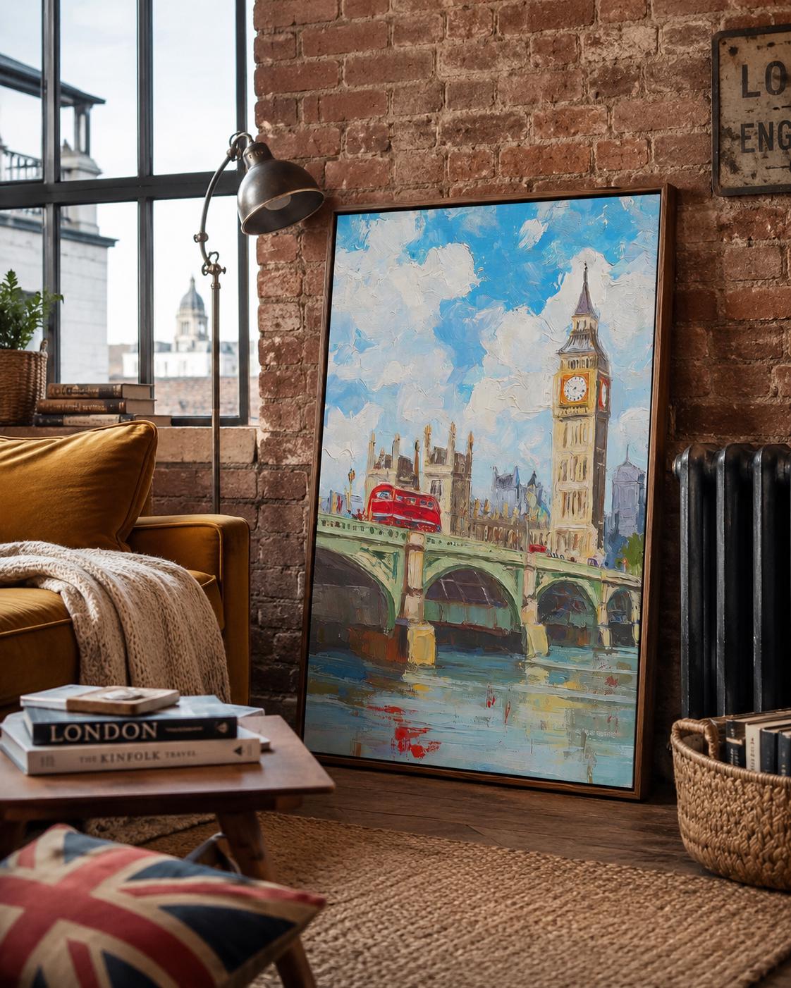 Room mockup with a framed blue cityscape artwork above a wooden sideboard and dining table