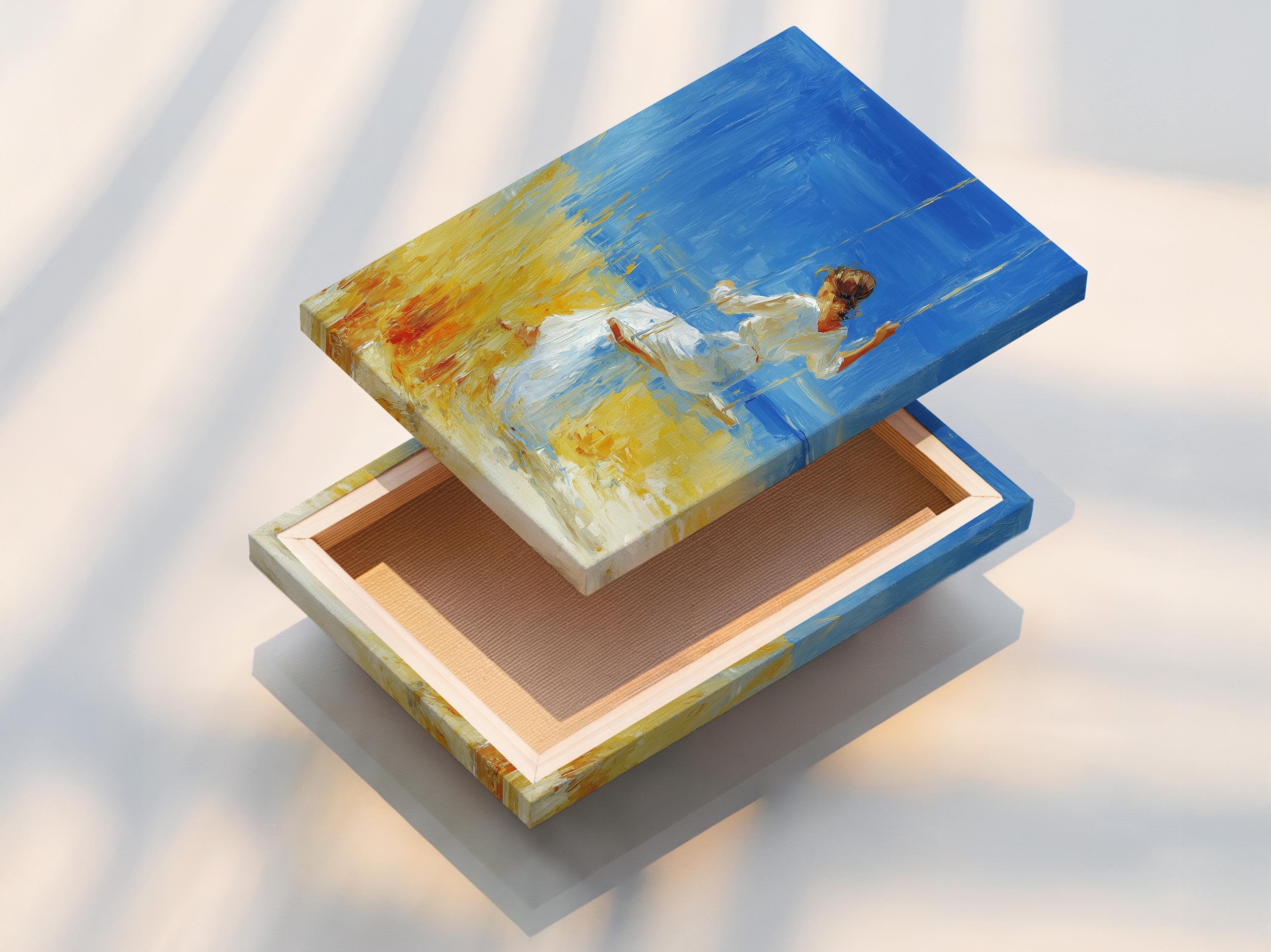 Framed artwork featuring a woman on a swing against a bright blue sky, with yellow grass