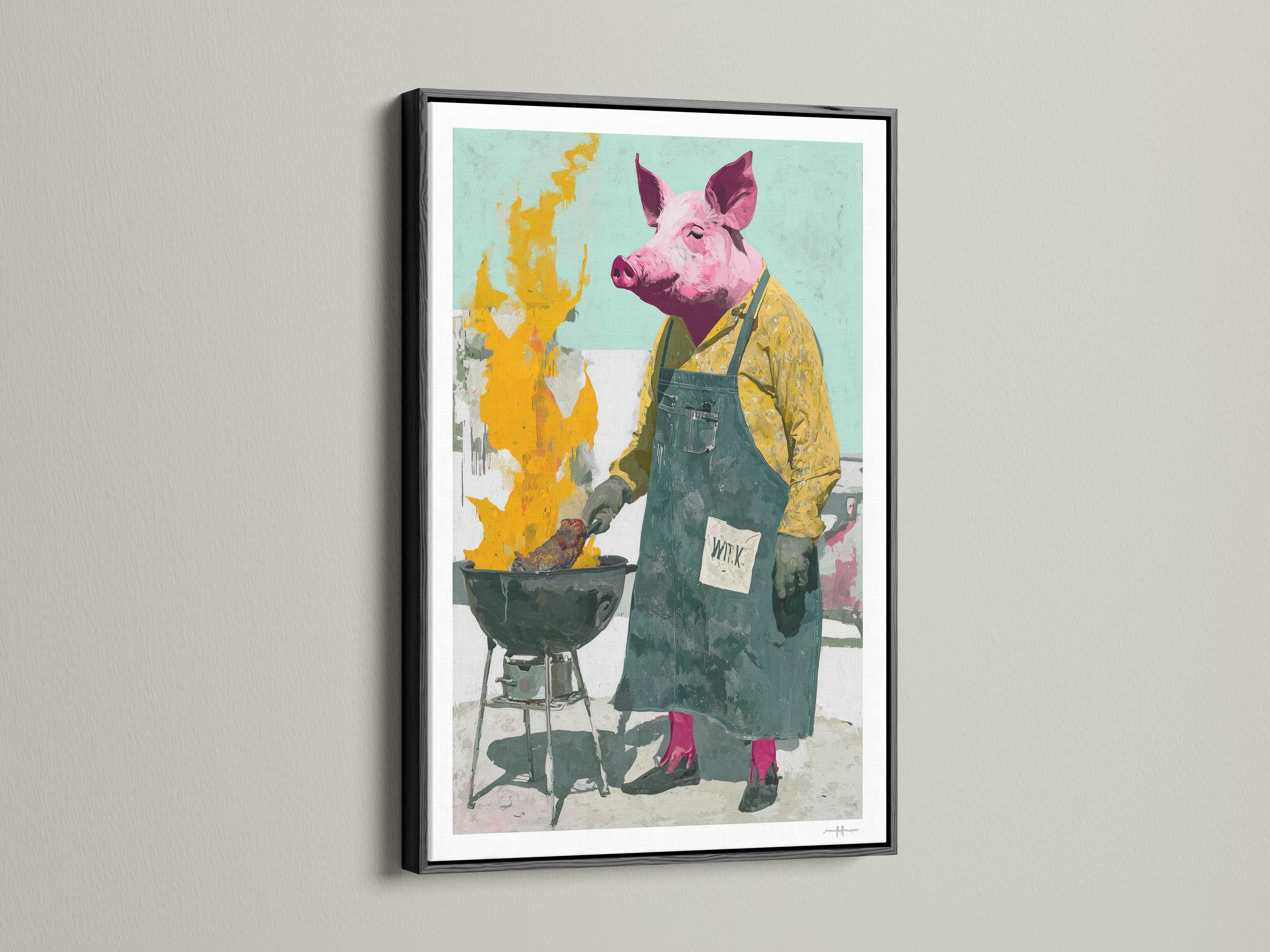 Quirky pig chef illustration by a grill with yellow flames and a mint green background detail view
