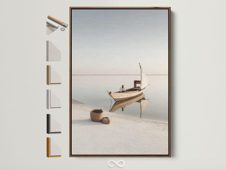 Neutral sailboat seascape with a pale sail on calm water and a hazy horizon