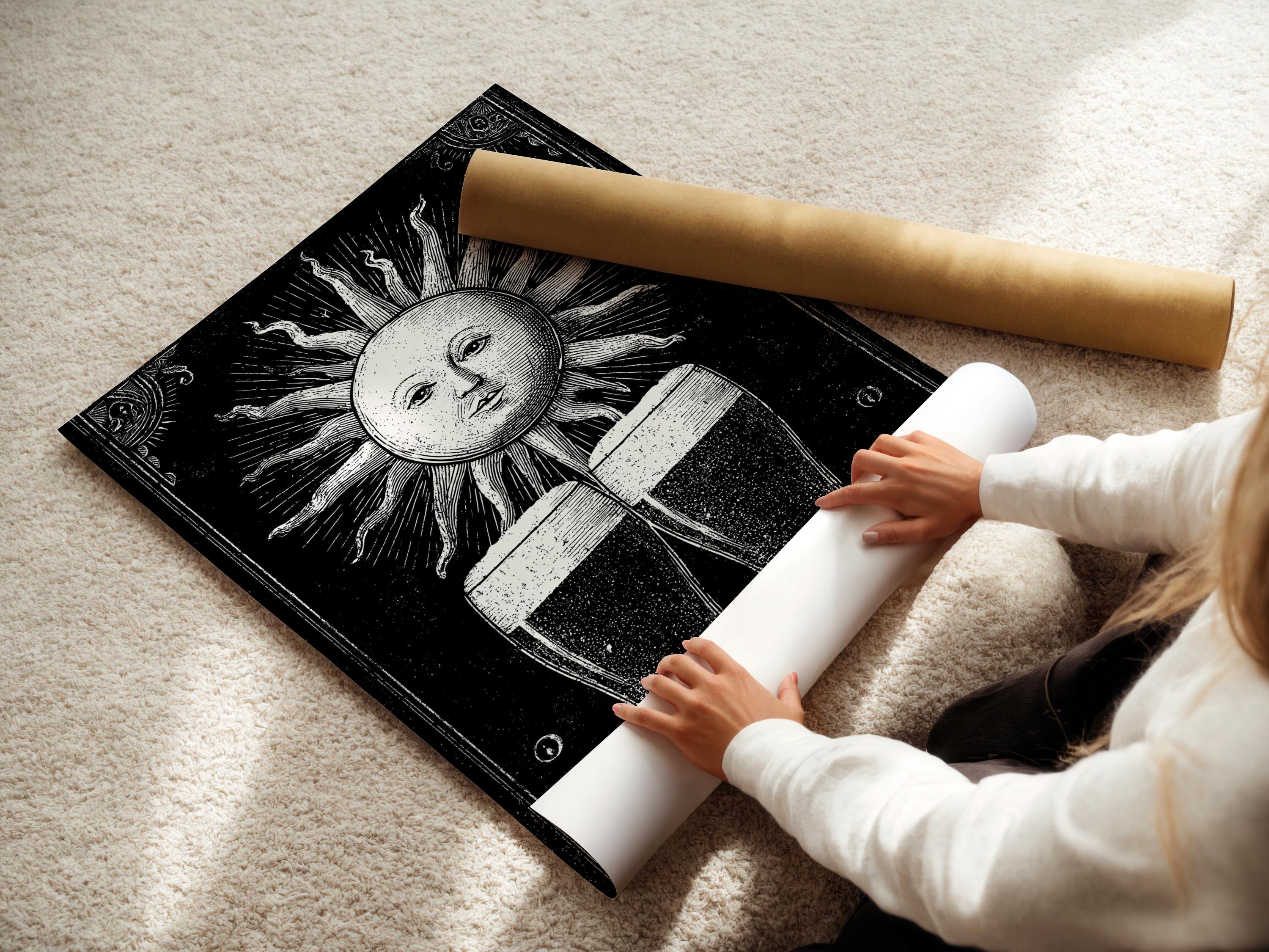 Black and white sun face with radiating rays above two mirrored beer mugs detail view