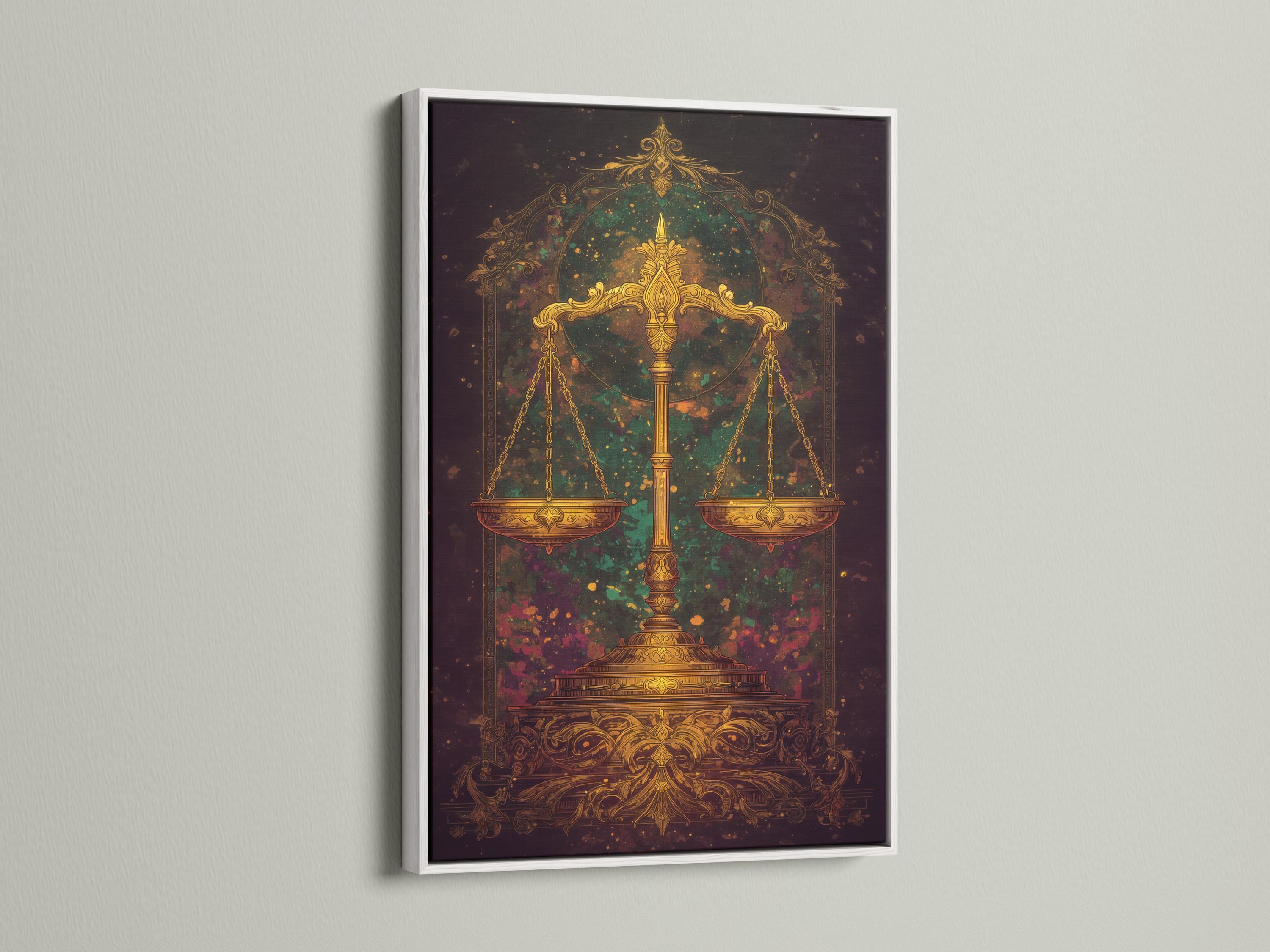 Mockup showing ornate golden balance scales artwork on a wall