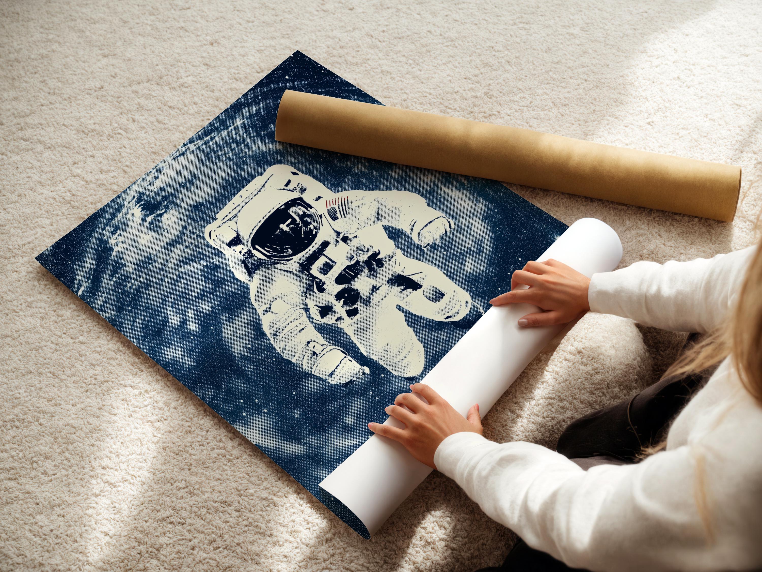 Stylised astronaut running through a deep indigo galaxy with a bright planet arc and stars detail view