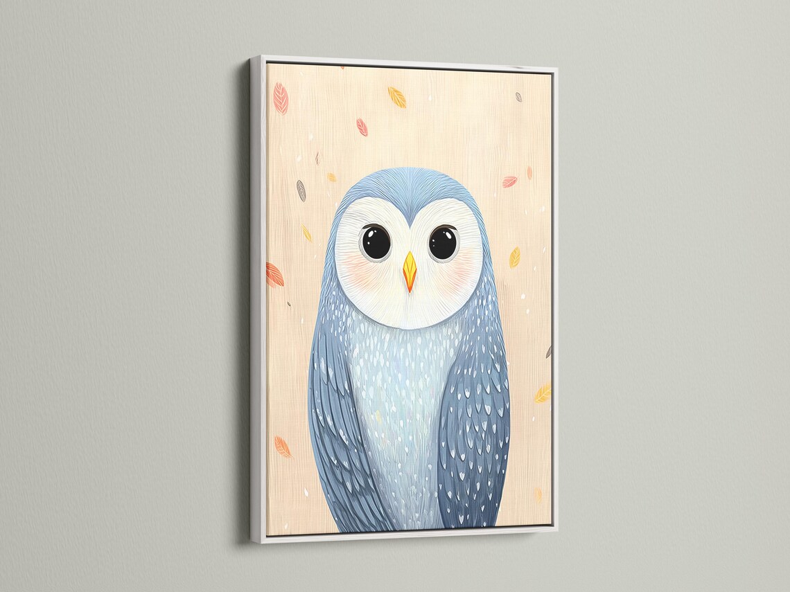Illustrated owl portrait with big dark eyes, soft blue feathers and scattered pastel leaves on cream background detail view