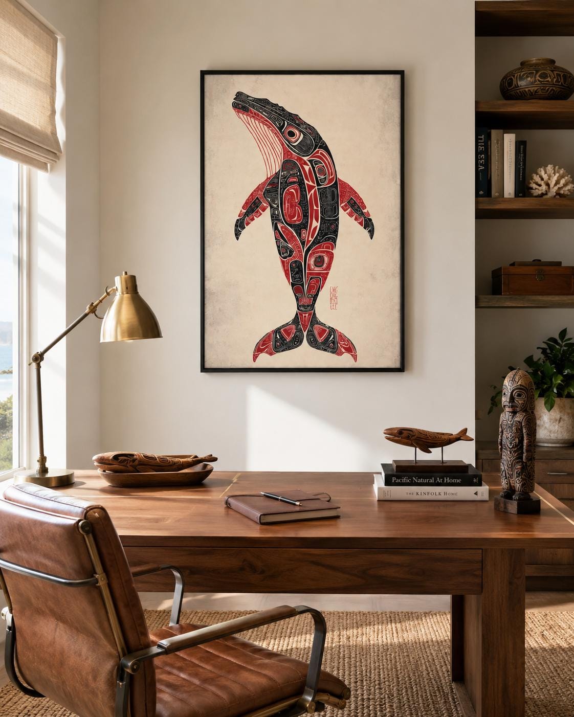 Man holding a mug beside a framed whale artwork in a rustic cabin setting