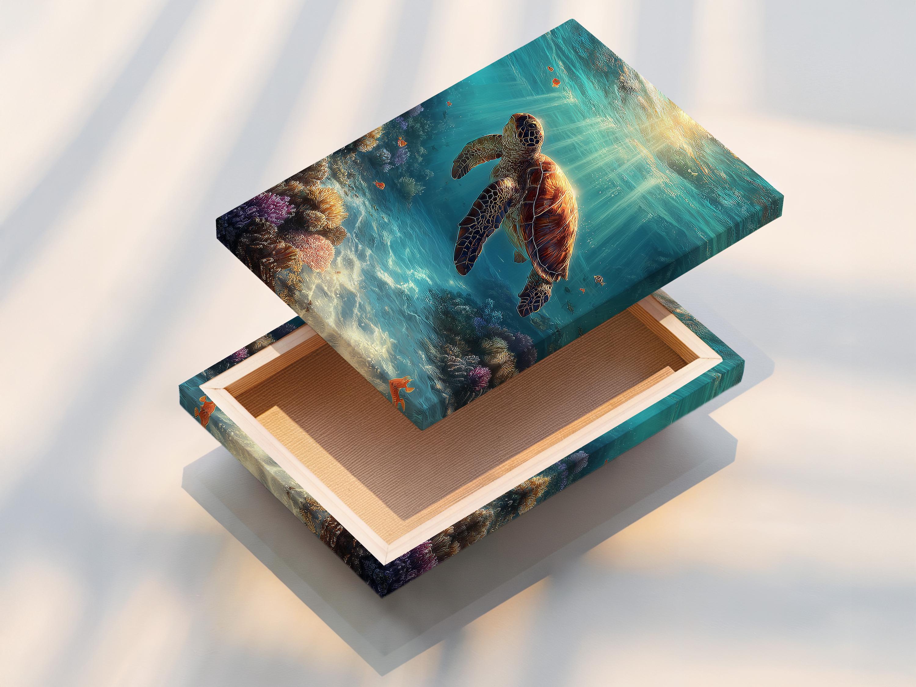 Underwater ocean scene with a swimming sea turtle and coral reef below detail view