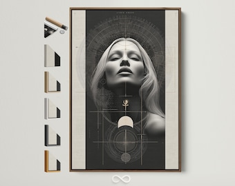Sacred Geometry Art Print - Mystical Woman Portrait Canvas Wall Art, Spiritual Boho Decor for Bedroom Wall Art