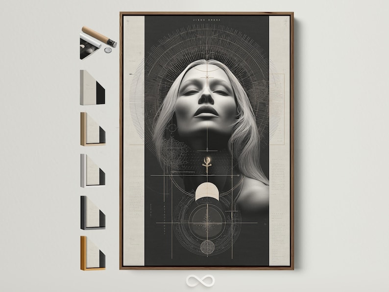 Geometric woman portrait artwork with grayscale face, arcs and black and beige tones plus small gold symbols