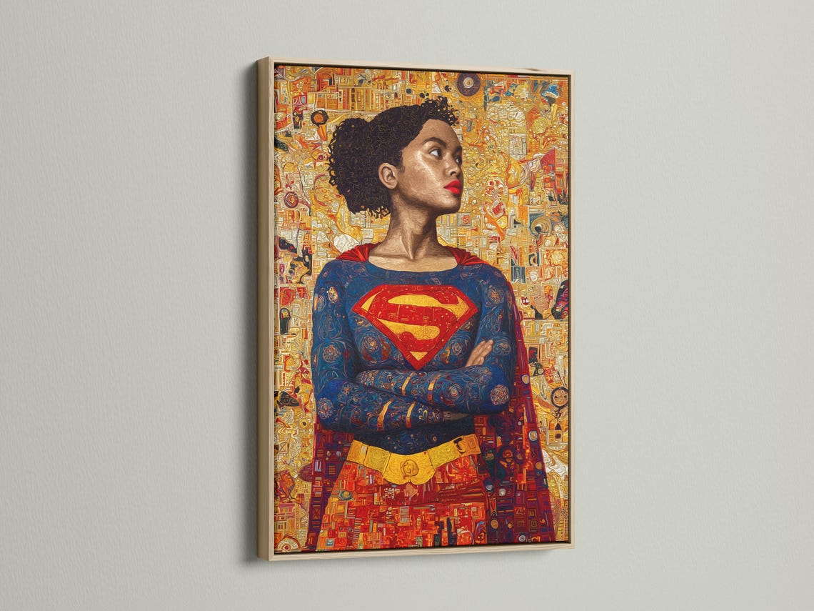 Room mockup showing a framed artwork of a superhero woman portrait on a wall