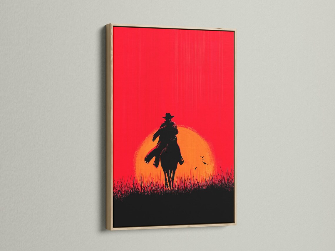 A framed artwork mockup showing a cowboy and horse silhouette at sunset against a red sky