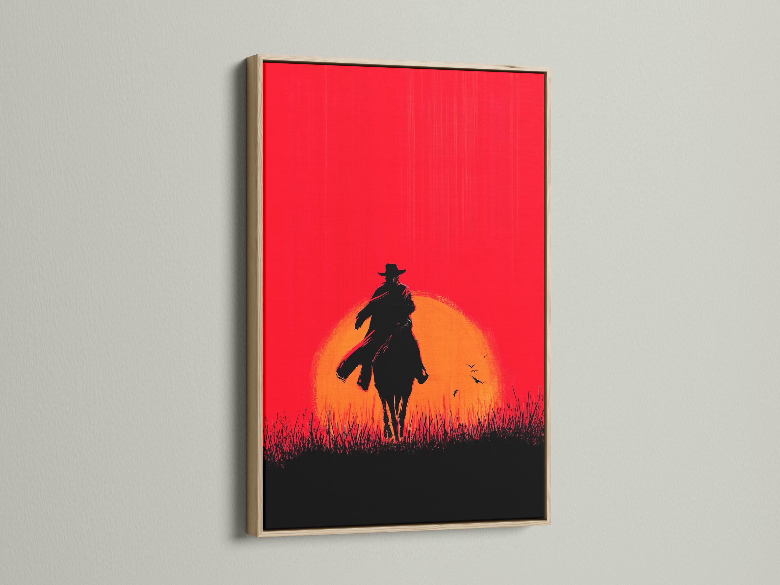 A framed artwork mockup showing a cowboy and horse silhouette at sunset against a red sky