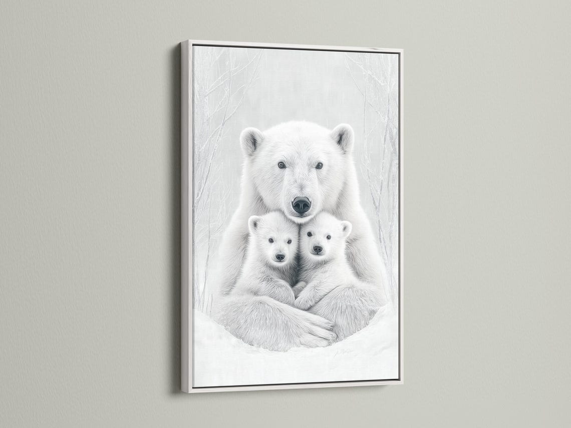 Monochrome polar bear mother and two cubs with faint winter tree-branch outlines detail view