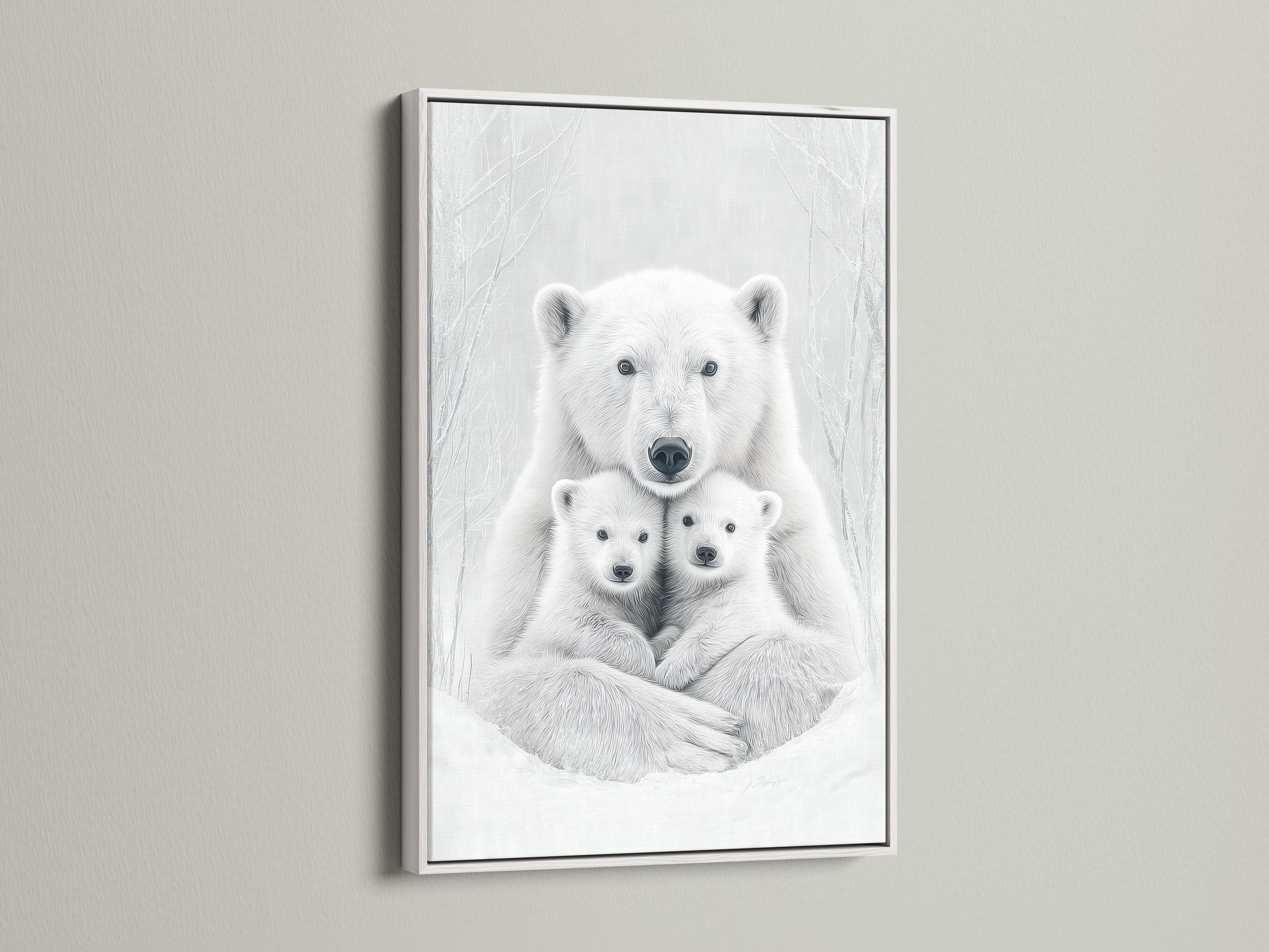 Monochrome polar bear mother and two cubs with faint winter tree-branch outlines detail view