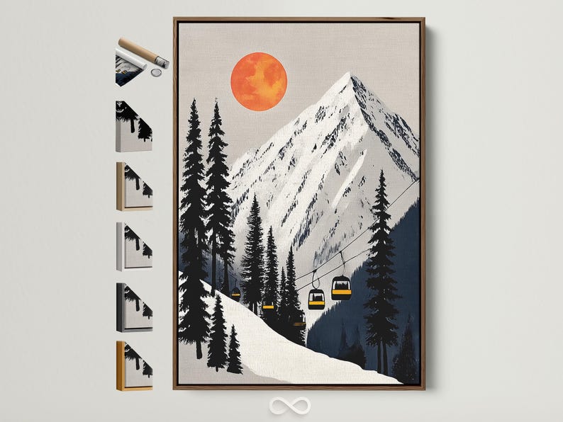 Stylised winter mountain landscape with pine trees, ski lift cables, yellow gondolas and an orange sun
