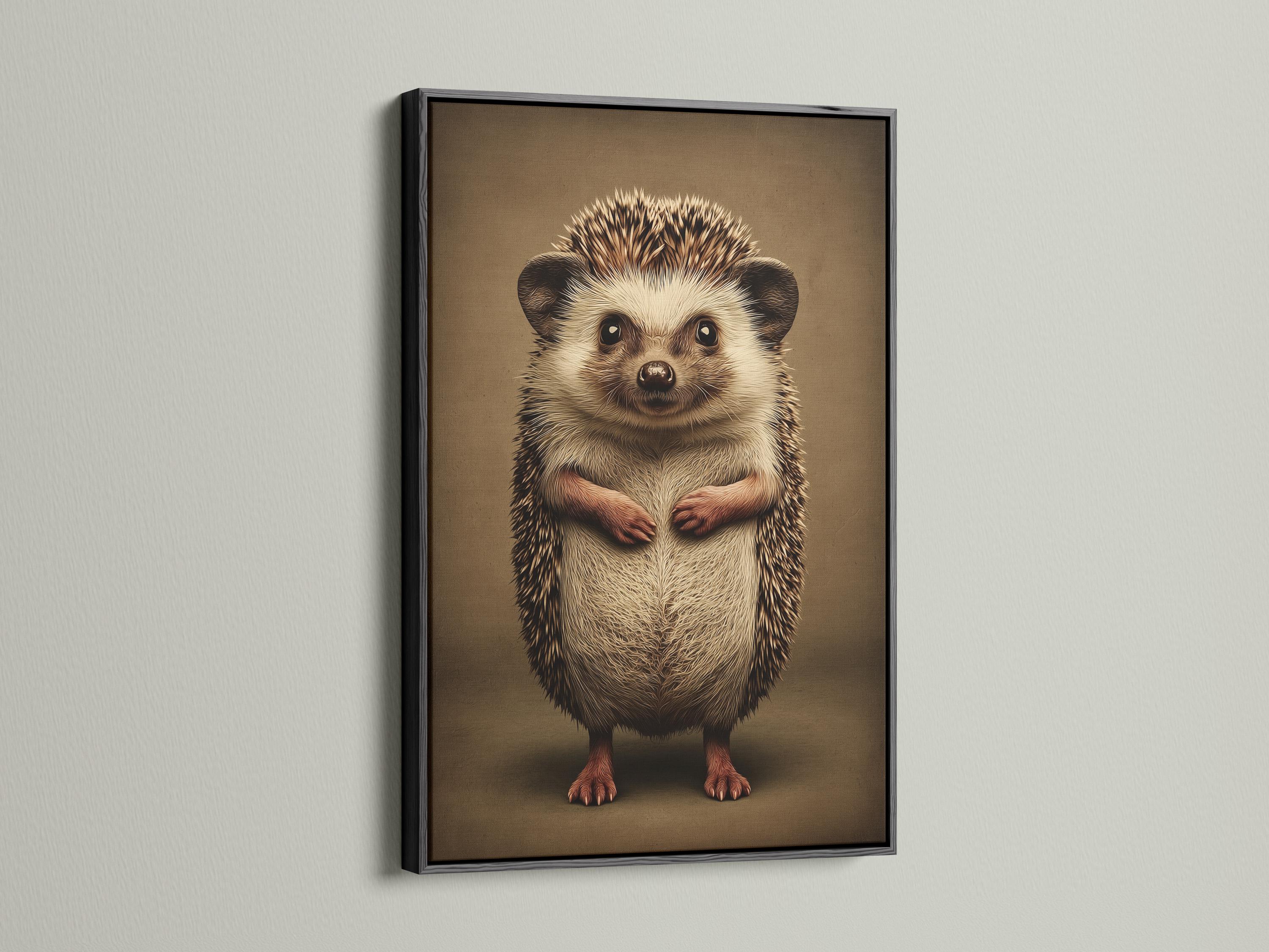 A beady-eyed hedgehog illustration sits centred on a warm brown background, with cream and darker brown fur texture and subtle red-brown paw accents