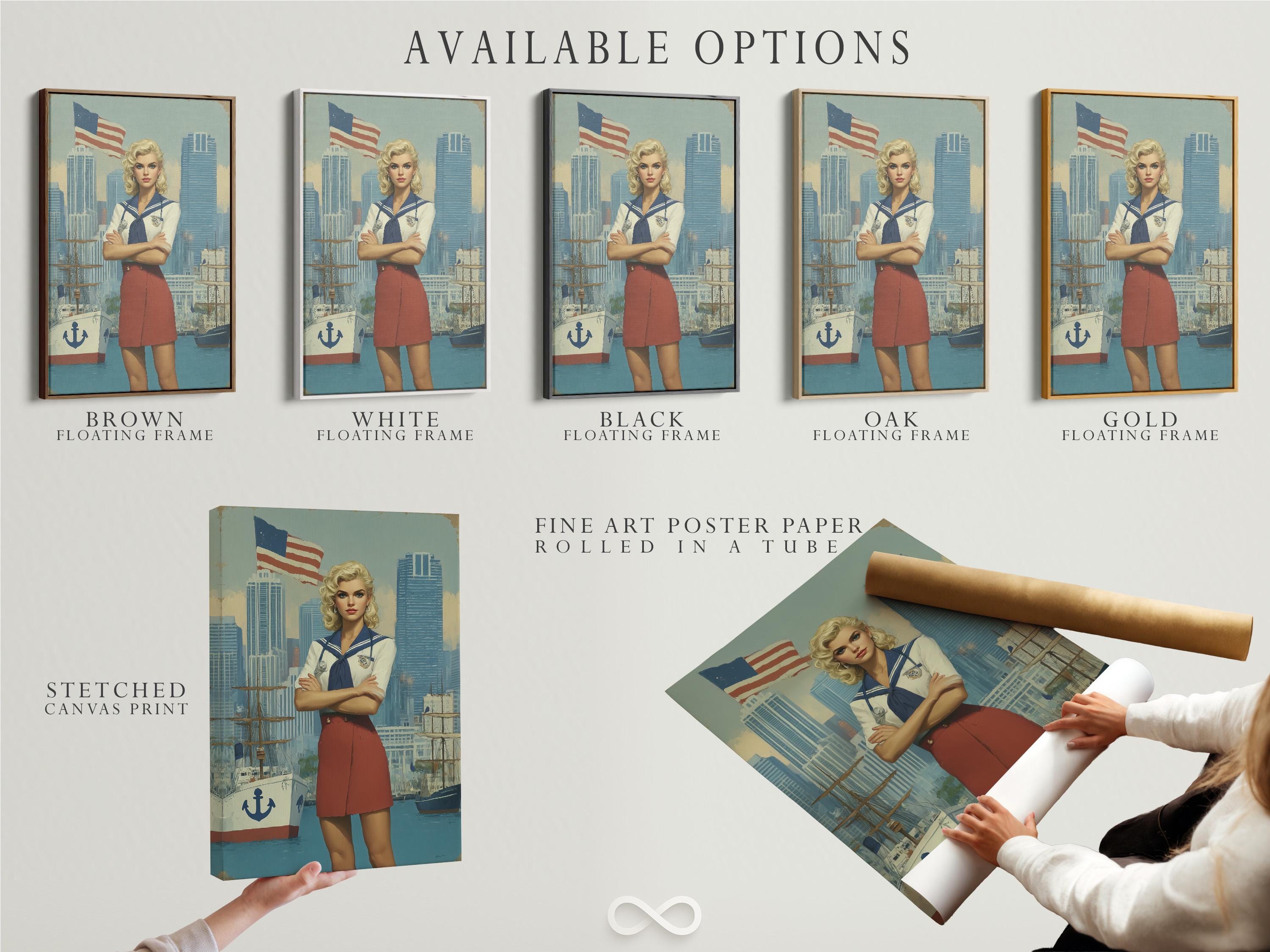 Stylised sailor-girl portrait with a waving American flag and harbour city background detail view