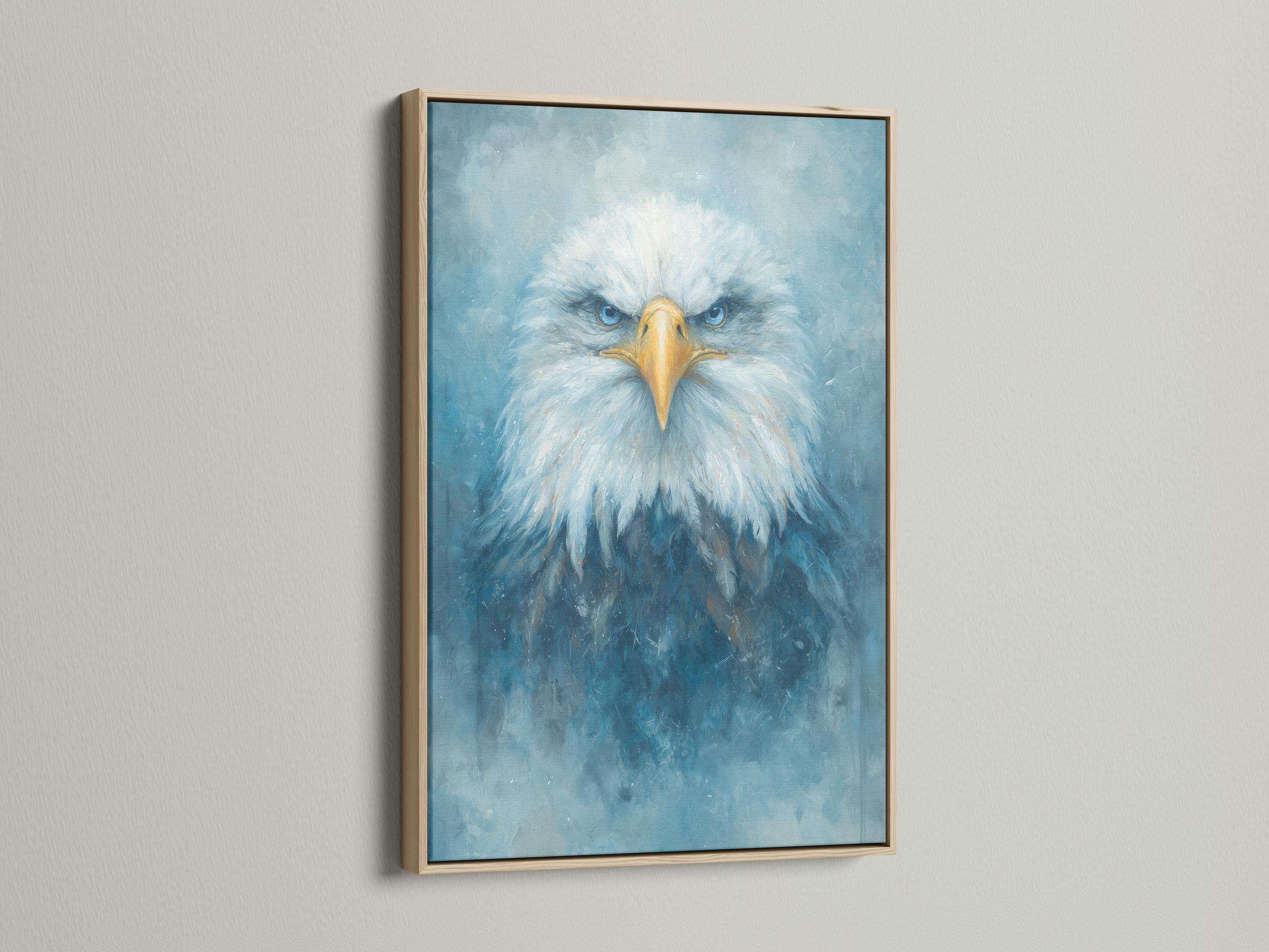 Blue and gold eagle portrait with radiating feathers on a textured teal background detail view