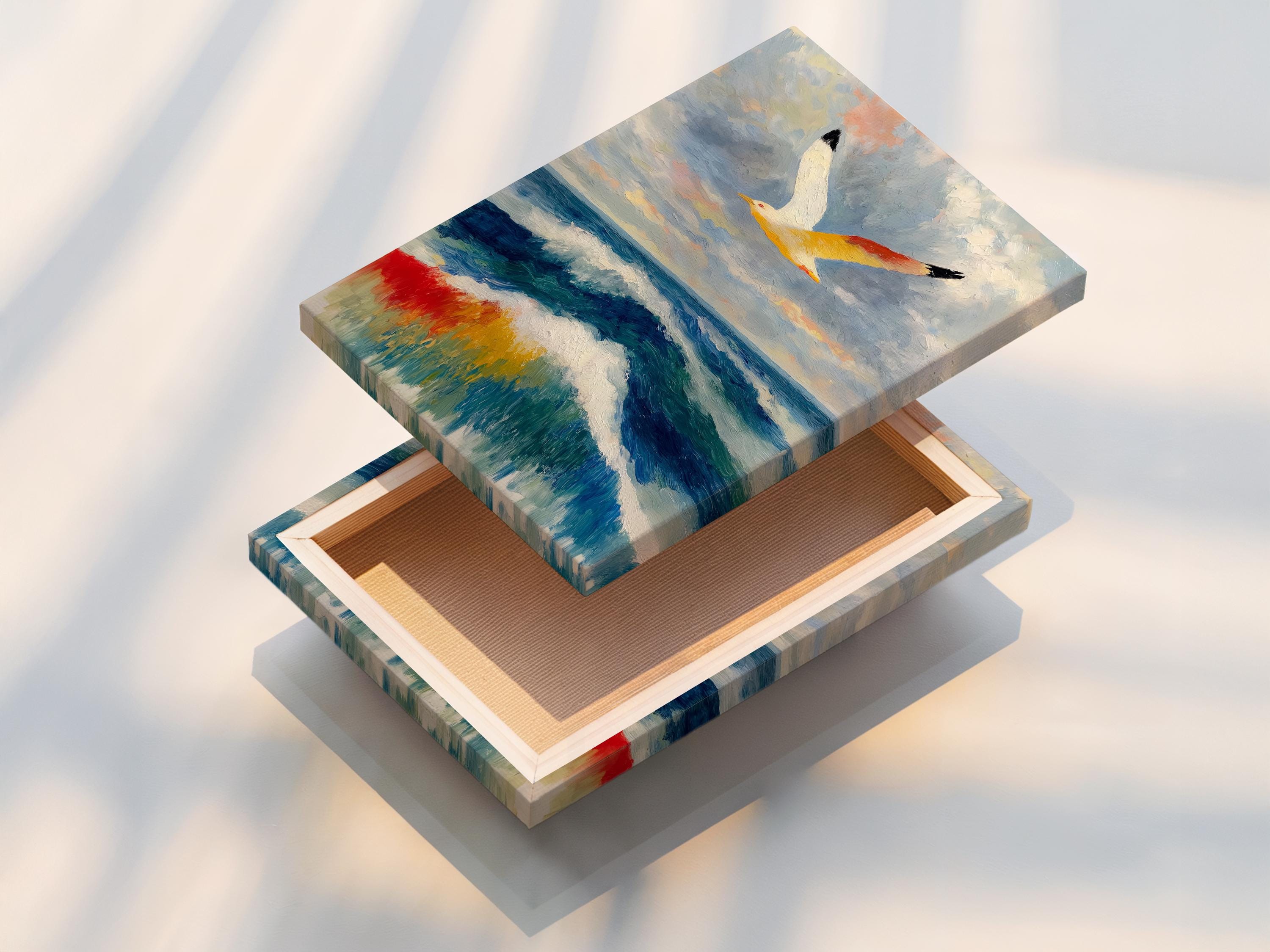 Painterly seagull flying above blue ocean waves with white foam and cloudy sky detail view