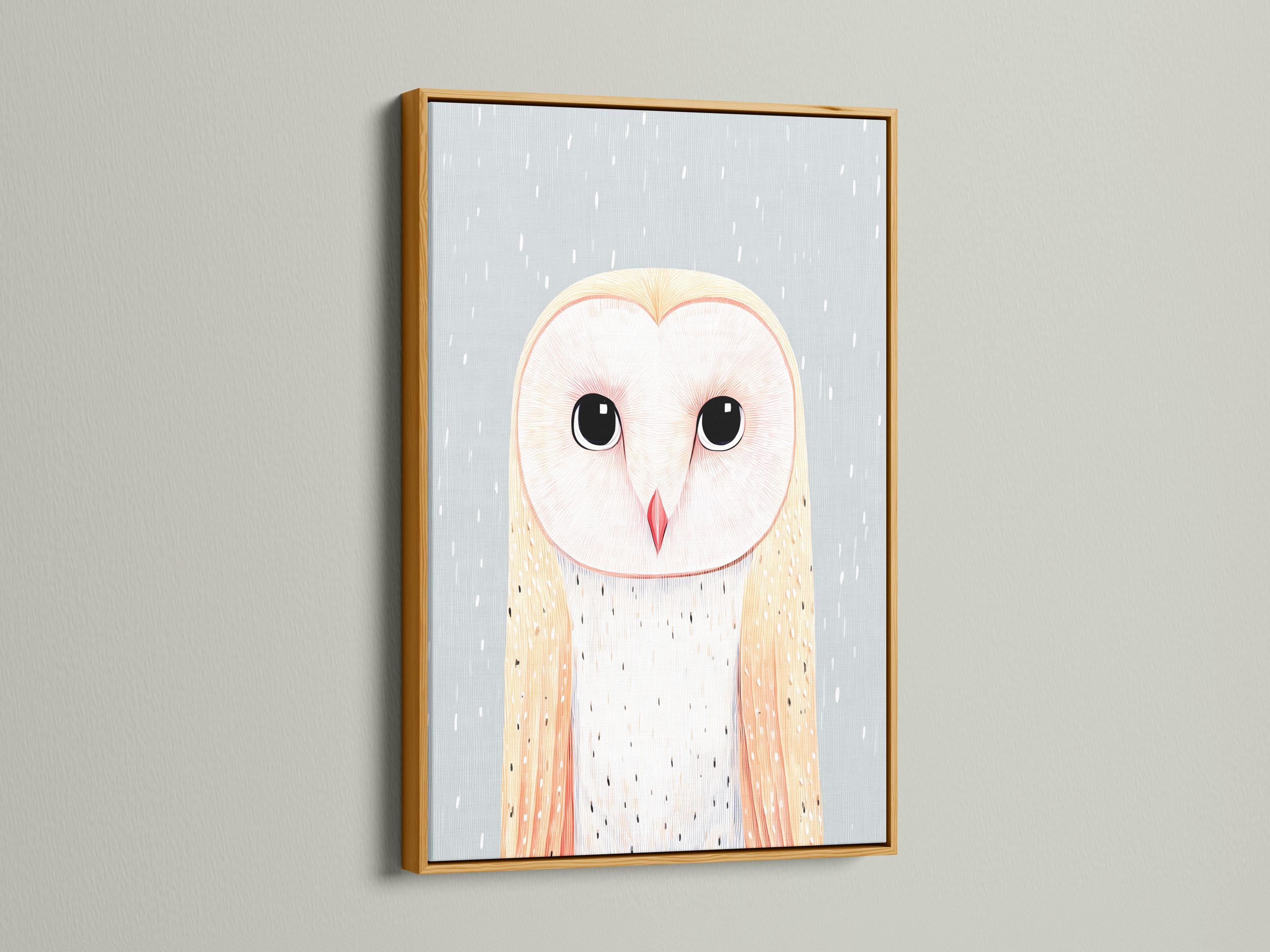 Illustrated pastel owl with large dark eyes and a red beak on a pale blue background detail view