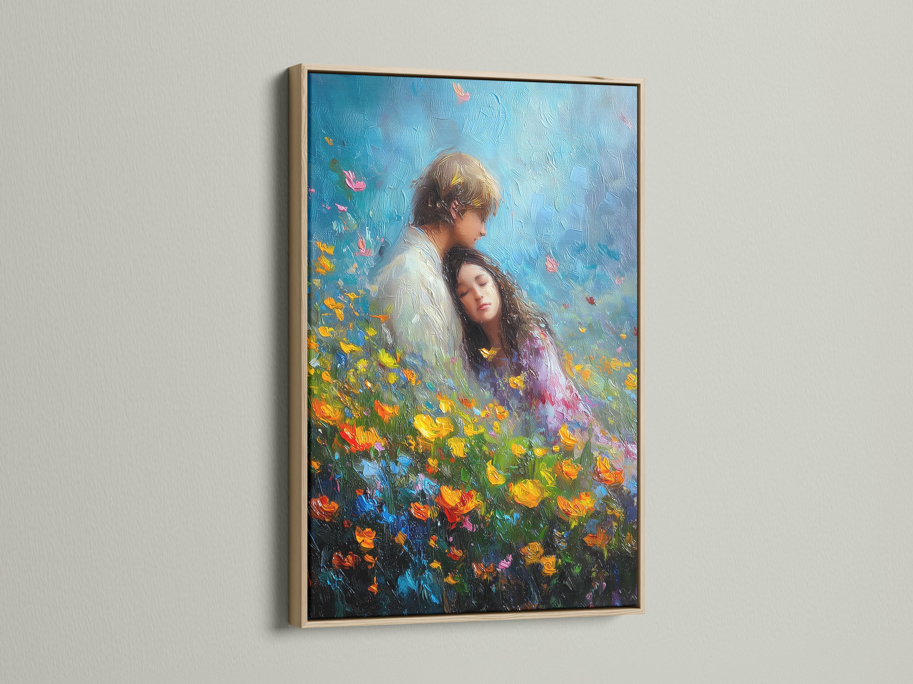Romantic couple embracing in a blue wildflower field, painterly textured style detail view