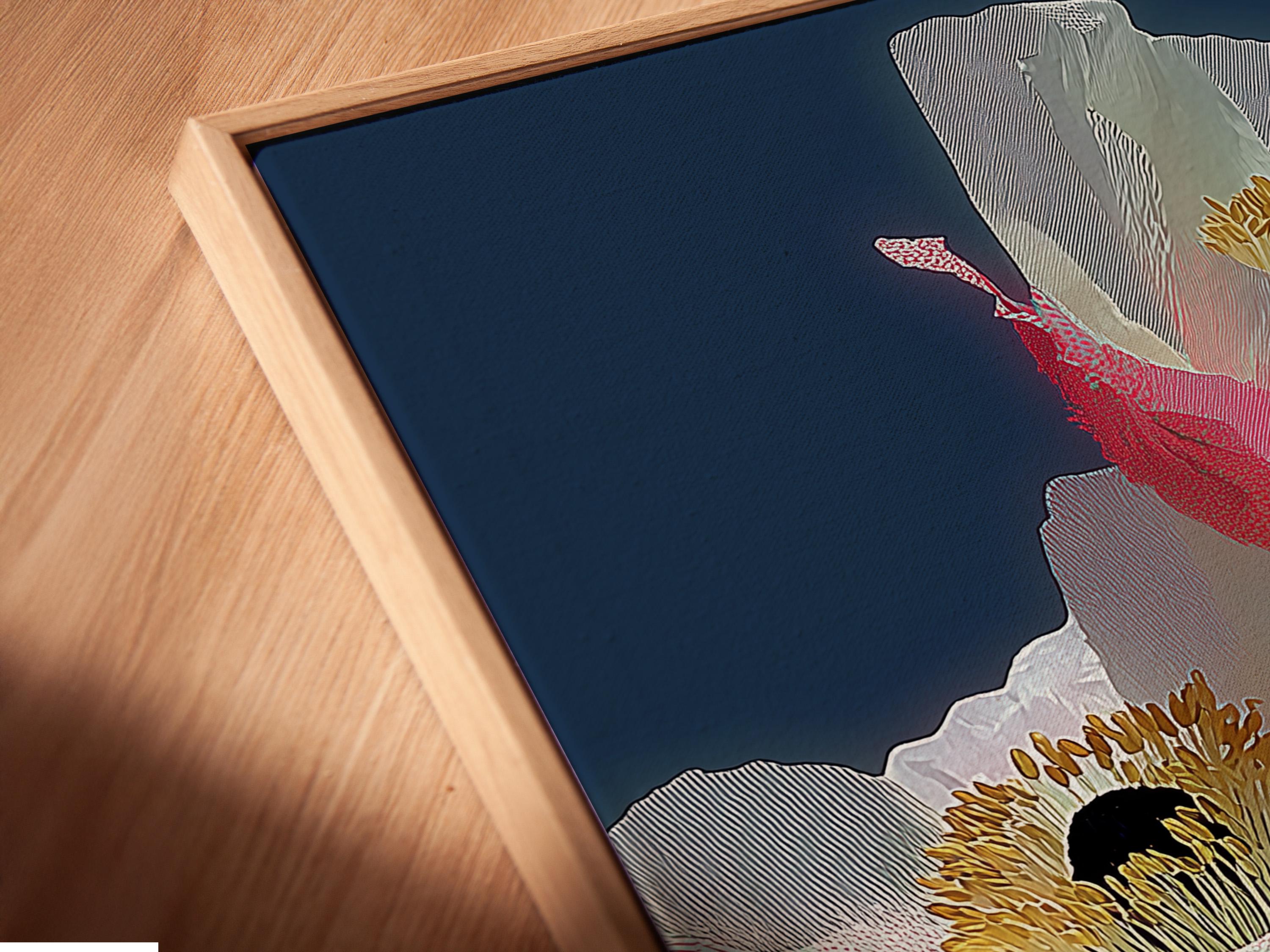 Room mockup showing a framed poppy flower artwork on a wall